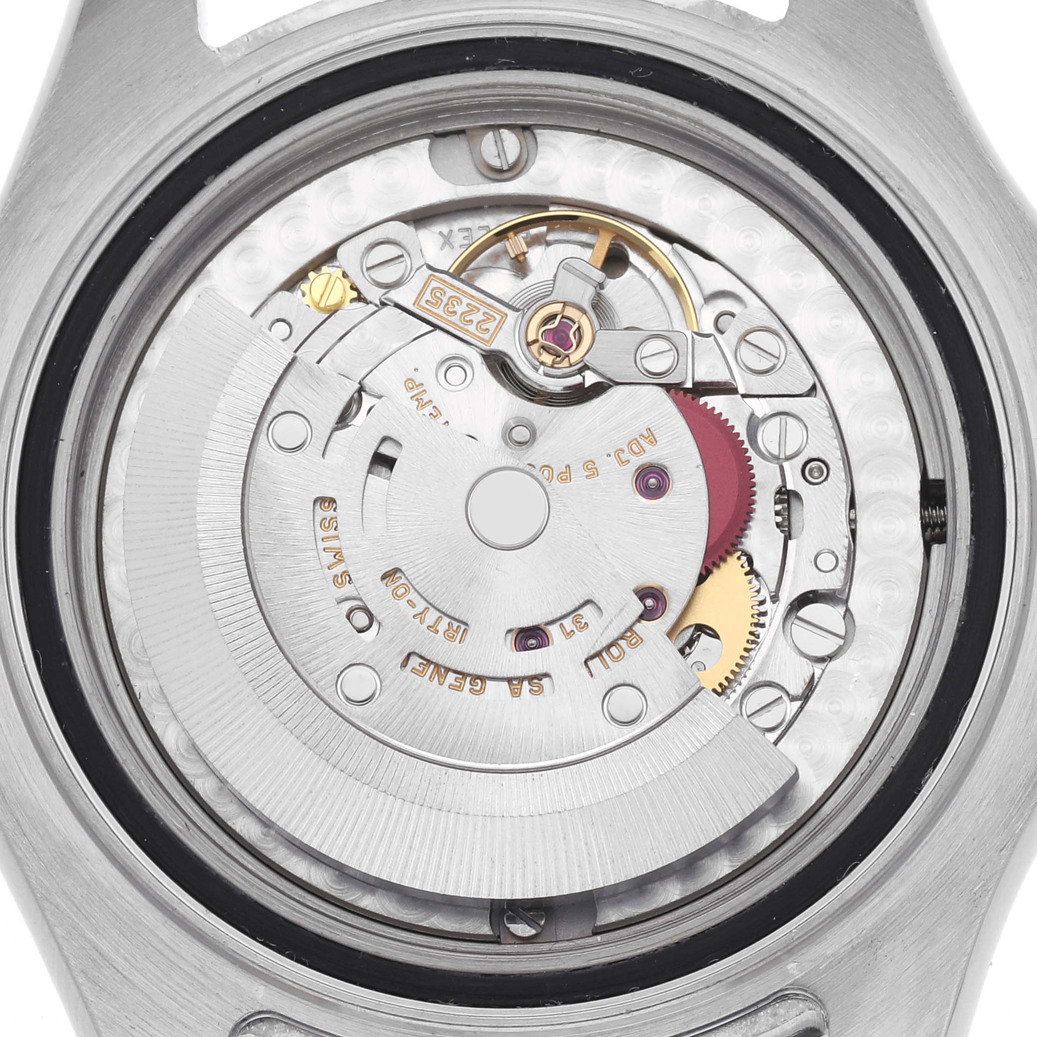 The image shows the movement of a Rolex Yacht-Master 168622 Men
s Stainless Steel Silver Dial 168622 Men
s Stainless Steel Silver Dial watch from a top-down angle, highlighting gears and components.