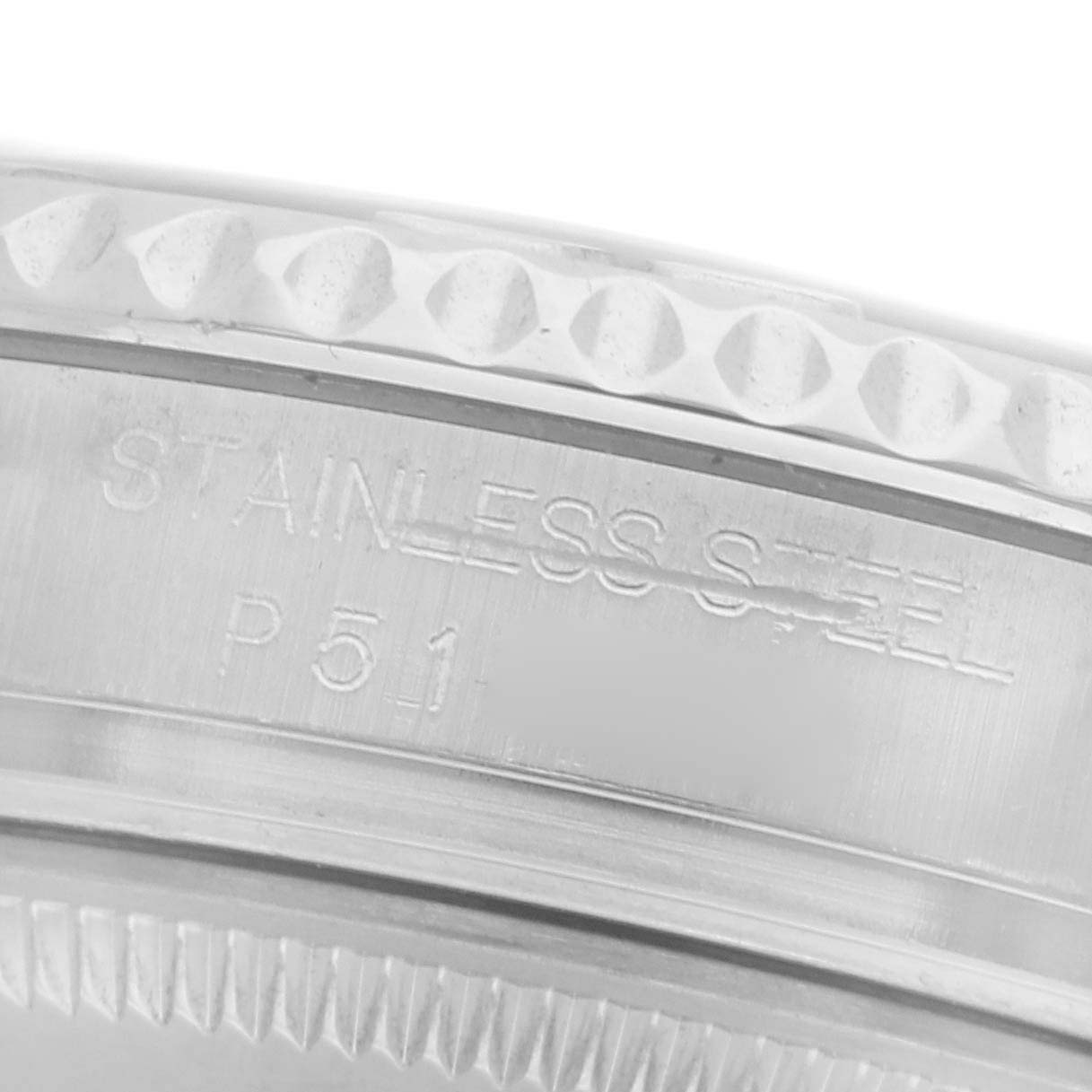 The image shows a close-up of the Rolex Yacht-Master 168622 Men
s Stainless Steel Silver Dial 168622 Men
s Stainless Steel Silver Dial watch
s stainless steel bezel and engraving.