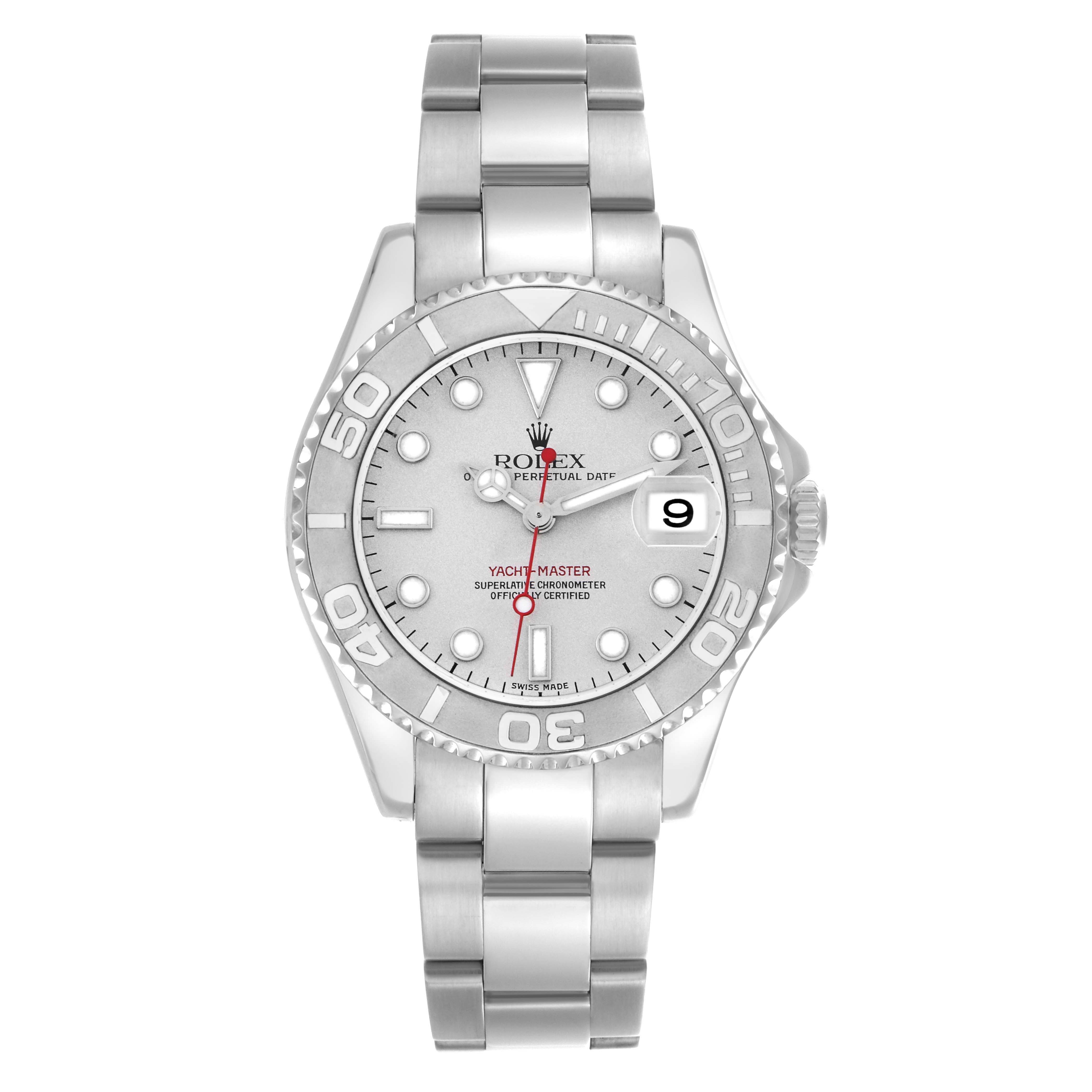 The Rolex Yacht-Master 168622 Men
s Stainless Steel Silver Dial 168622 Men
s Stainless Steel Silver Dial watch is shown from a top view, displaying the dial, bezel, and bracelet.