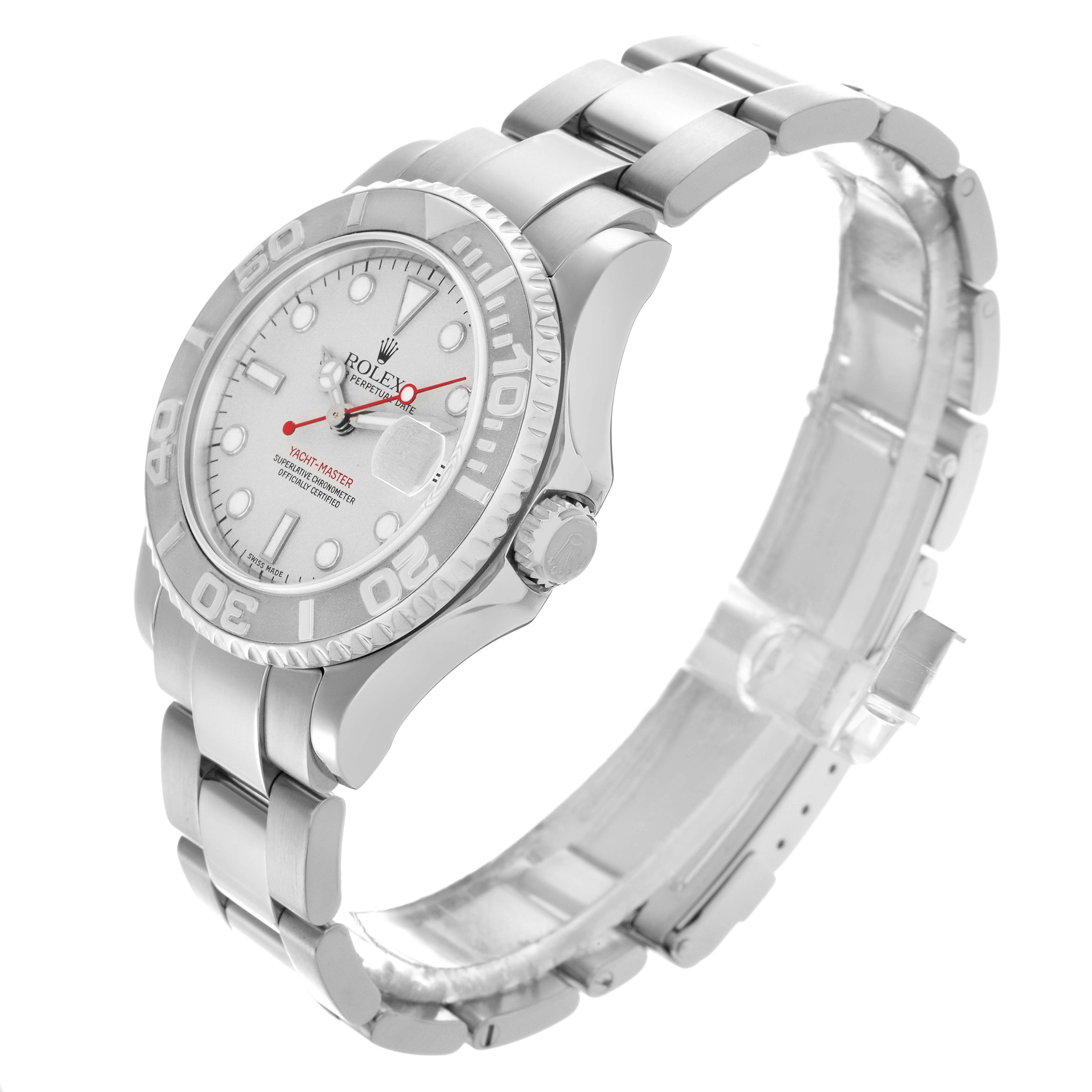 The Rolex Yacht-Master 168622 Men
s Stainless Steel Silver Dial 168622 Men
s Stainless Steel Silver Dial watch is shown at a three-quarter angle, displaying the dial, bezel, crown, and bracelet.