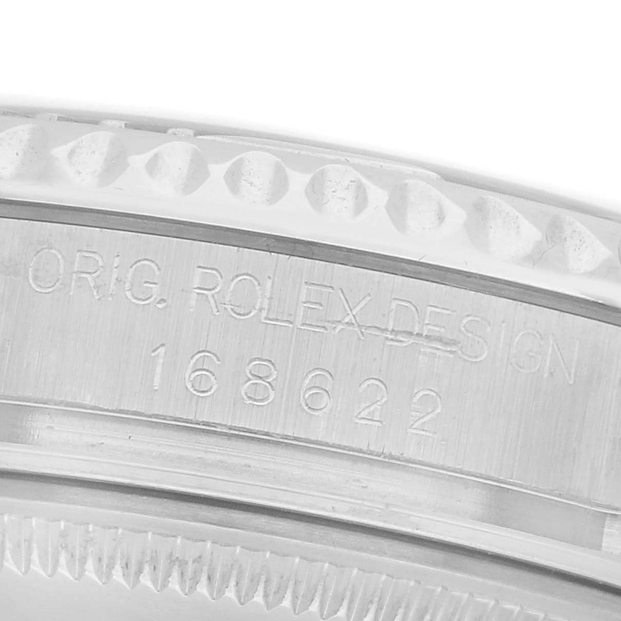 The image shows a close-up of the side of a Rolex Yacht-Master 168622 Men
s Stainless Steel Silver Dial 168622 Men
s Stainless Steel Silver Dial, highlighting the model number and "Orig. Rolex Design" engraving.