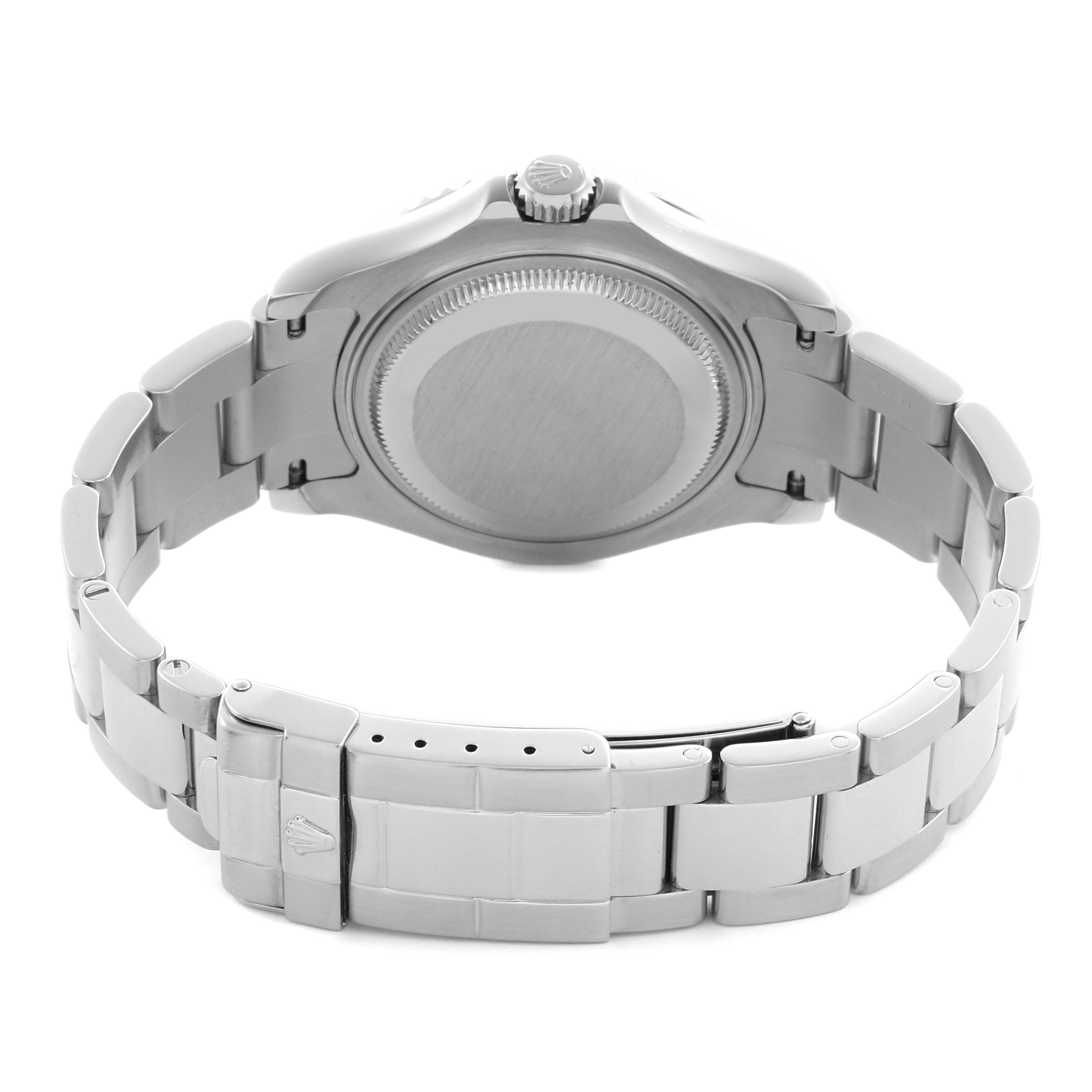 The image shows the back view of the Rolex Yacht-Master 168622 Men
s Stainless Steel Silver Dial 168622 Men
s Stainless Steel Silver Dial, highlighting the case back and bracelet links.