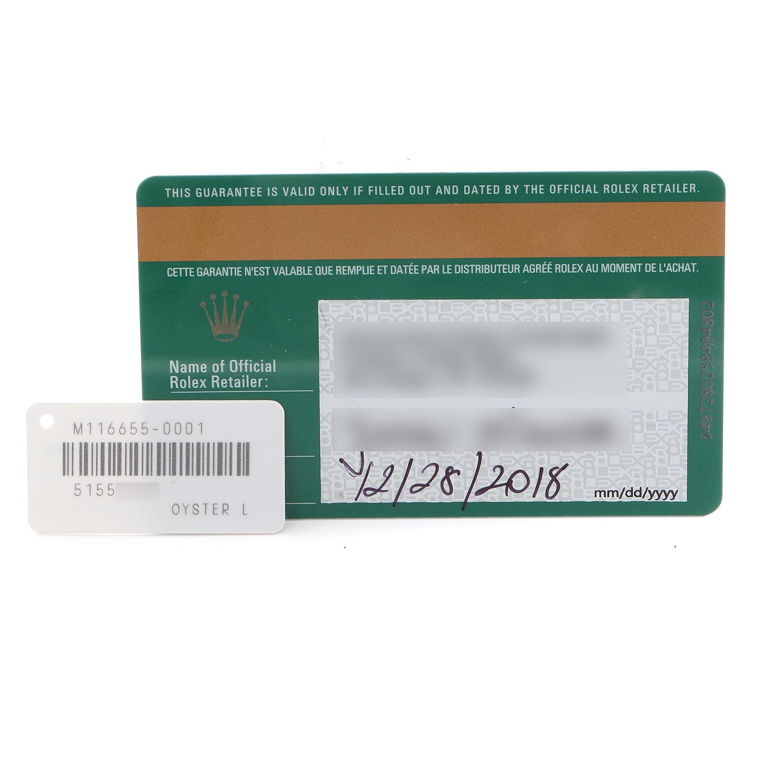 The image shows a warranty card and tag for a Rolex Yacht-Master 116655 Men
s Rose Gold Black Dial 116655 Men
s Rose Gold Black Dial watch, displaying purchase details and model information.