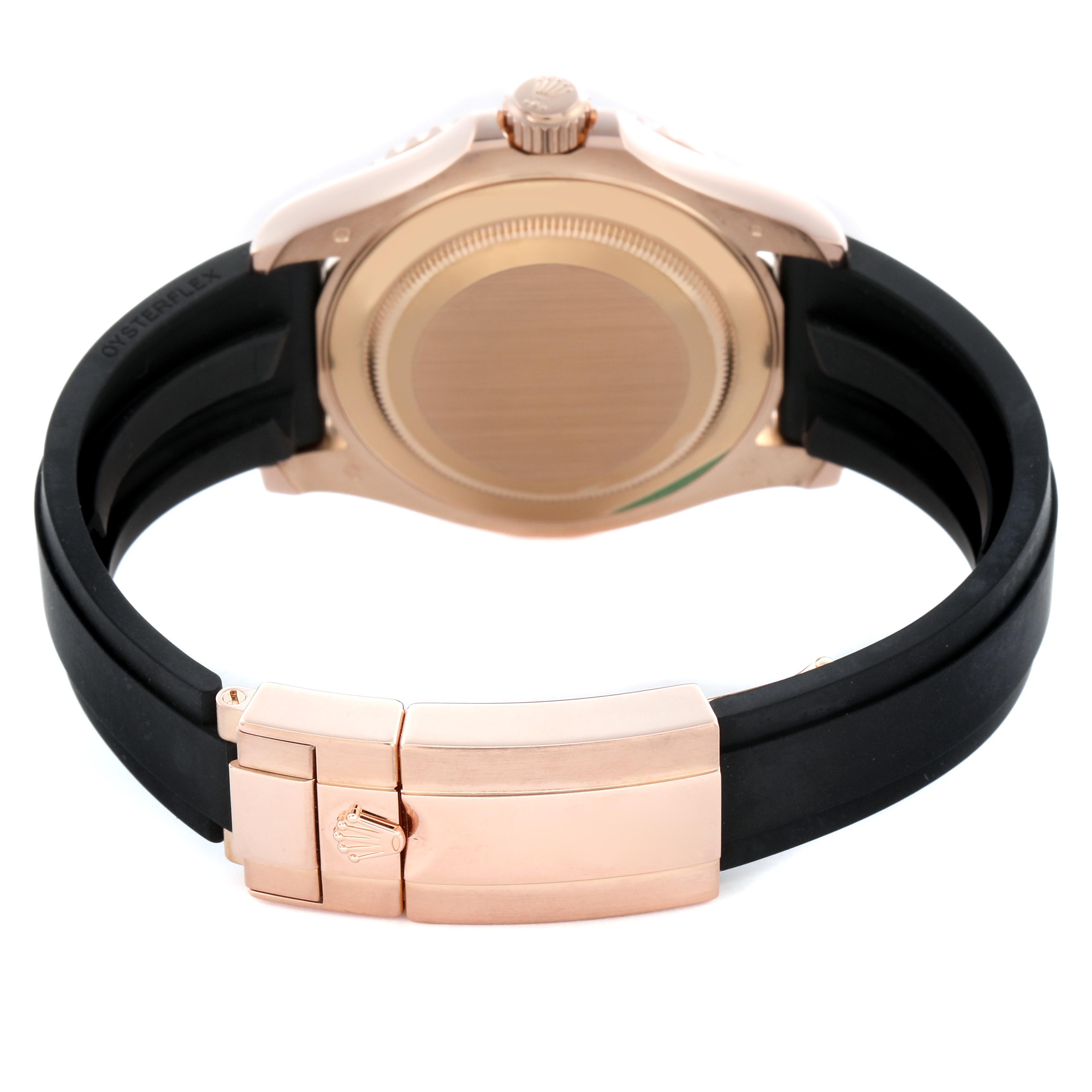 The image shows the back view of a Rolex Yacht-Master 116655 Men
s Rose Gold Black Dial 116655 Men
s Rose Gold Black Dial watch, highlighting its case back and Oysterflex strap with clasp.