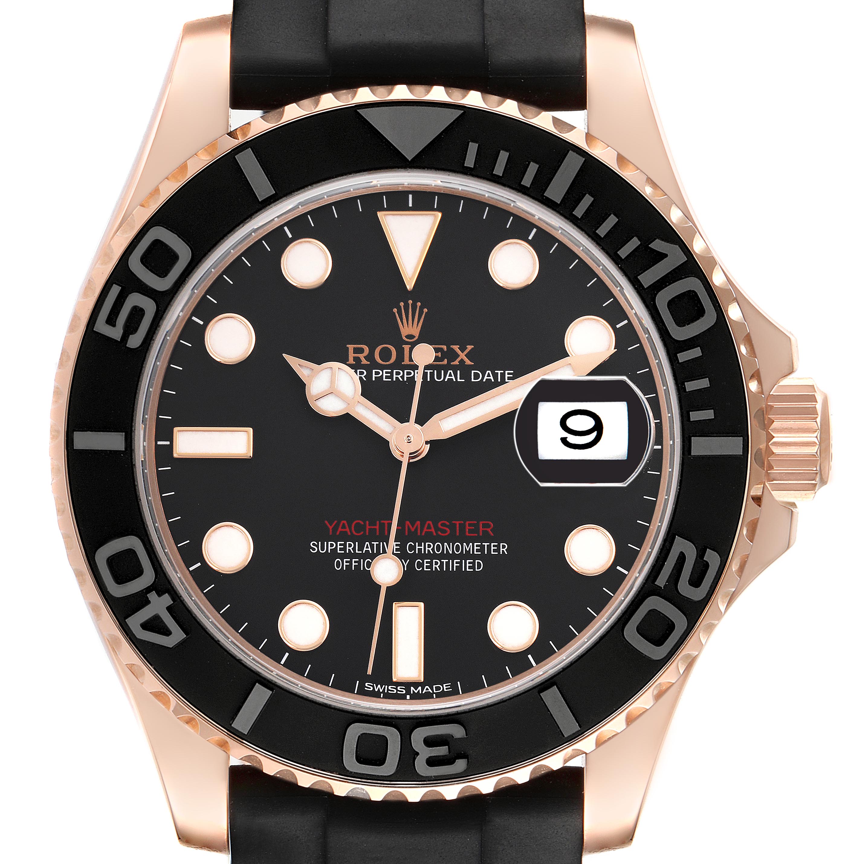 This Rolex Yacht-Master 116655 Men
s Rose Gold Black Dial 116655 Men
s Rose Gold Black Dial watch is shown from a front angle, displaying the dial, bezel, and crown.