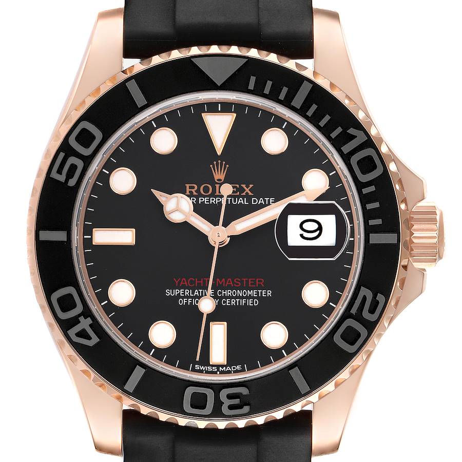 This Rolex Yacht-Master watch is shown from a front angle, displaying the dial, bezel, and crown.