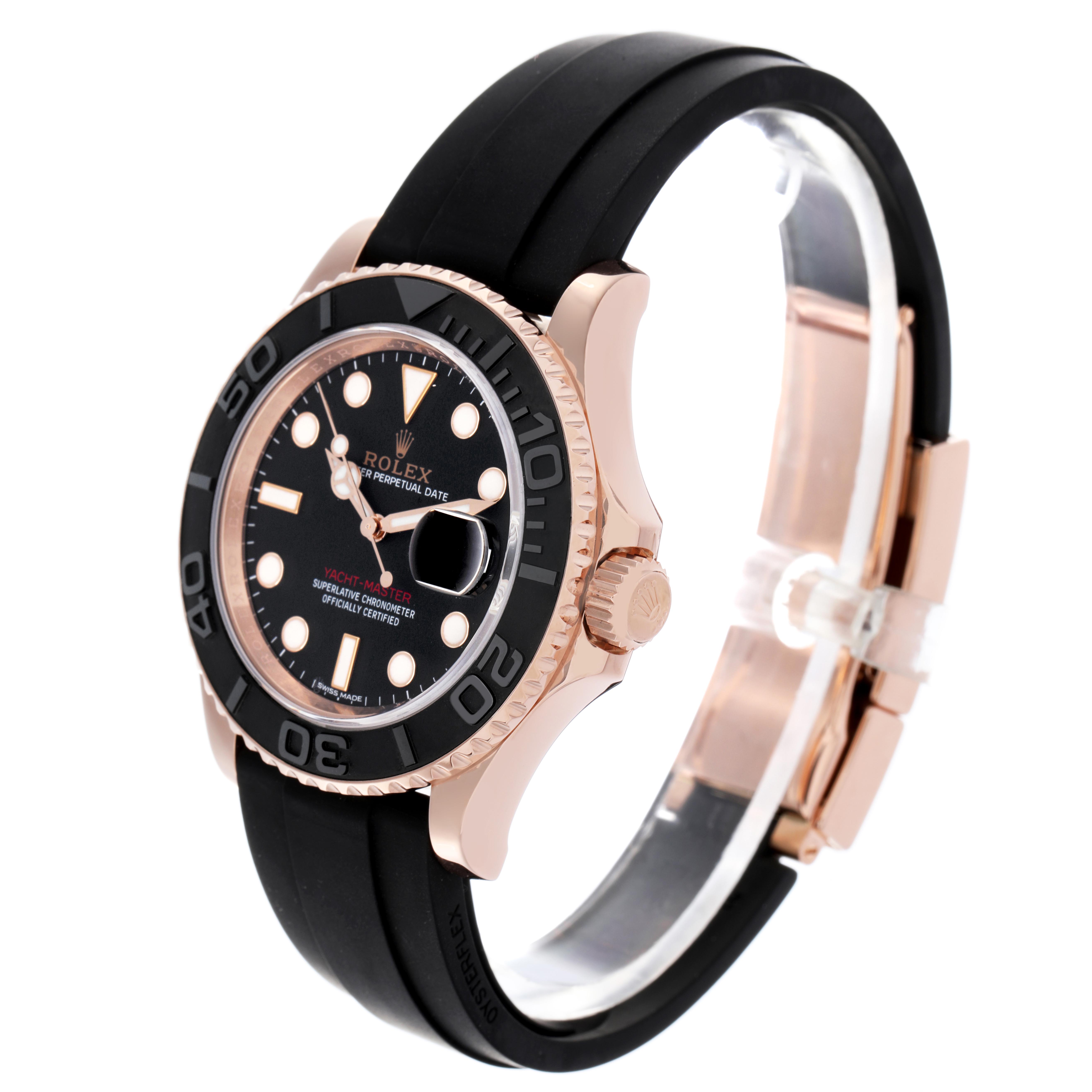 The Rolex Yacht-Master 116655 Men
s Rose Gold Black Dial 116655 Men
s Rose Gold Black Dial watch is shown at a three-quarter angle, highlighting the bezel, crown, dial, and rubber strap.