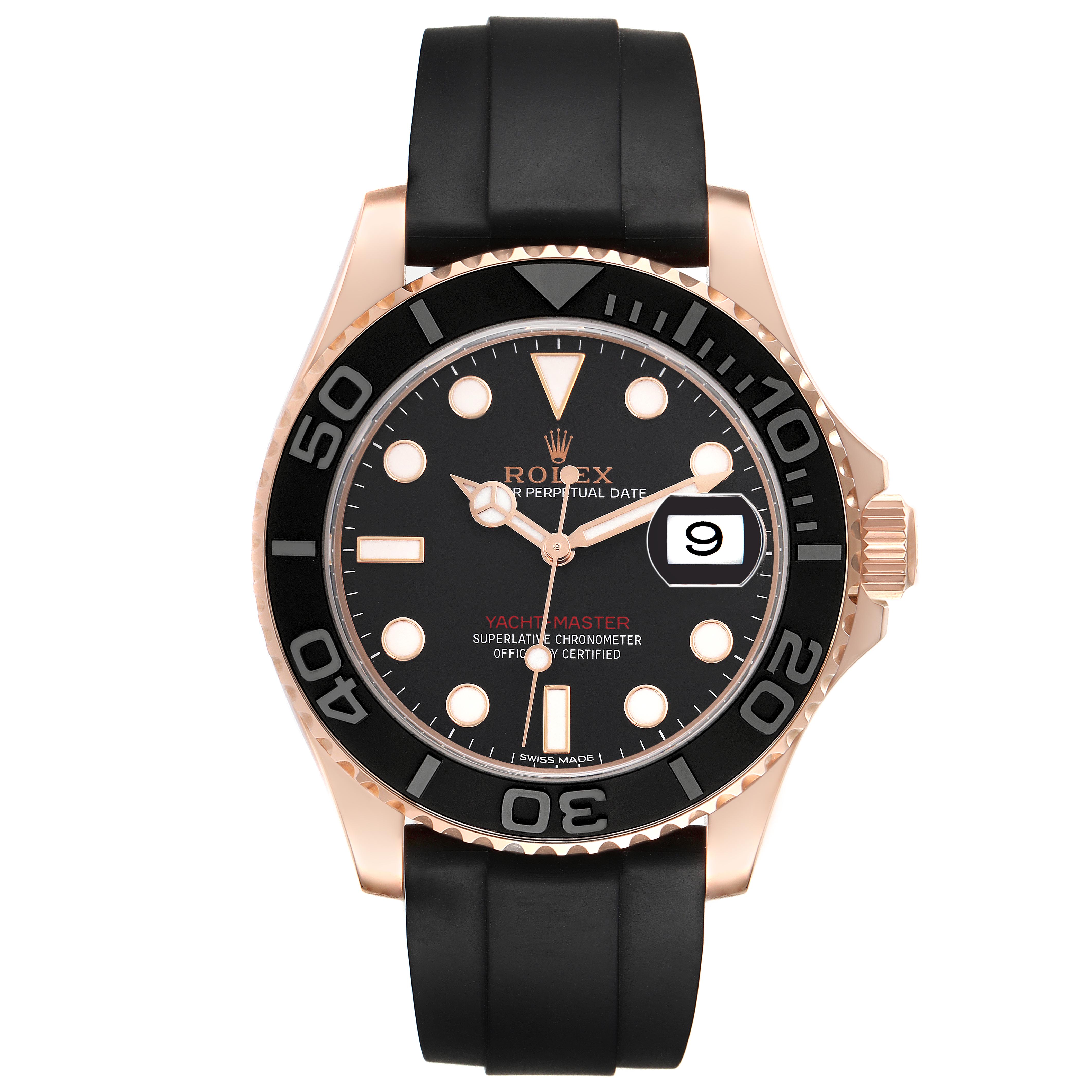 The Rolex Yacht-Master 116655 Men
s Rose Gold Black Dial 116655 Men
s Rose Gold Black Dial watch is shown from the front, displaying the dial, bezel, and rubber strap.