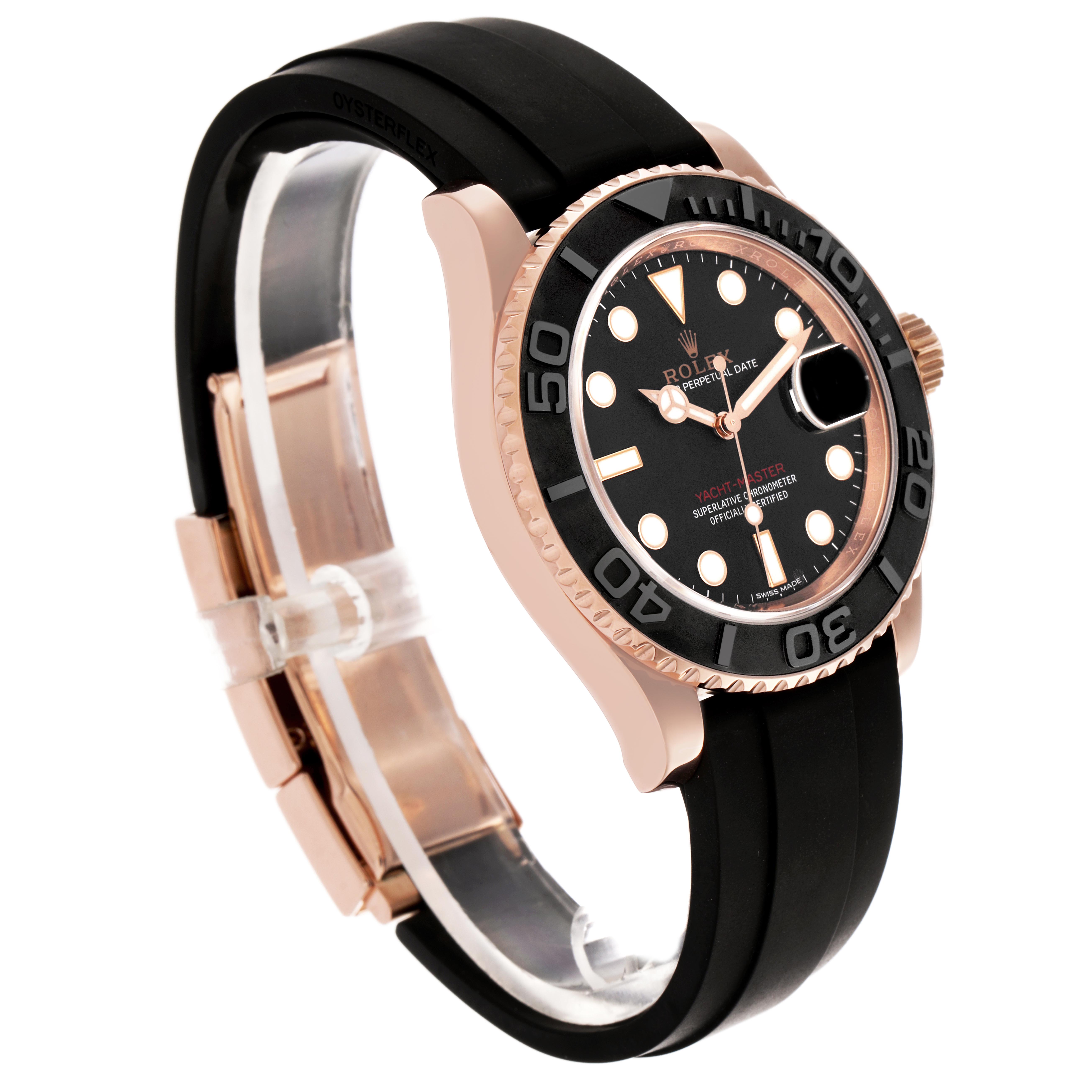 The Rolex Yacht-Master 116655 Men
s Rose Gold Black Dial 116655 Men
s Rose Gold Black Dial watch is angled to show the face, bezel, strap, and crown.