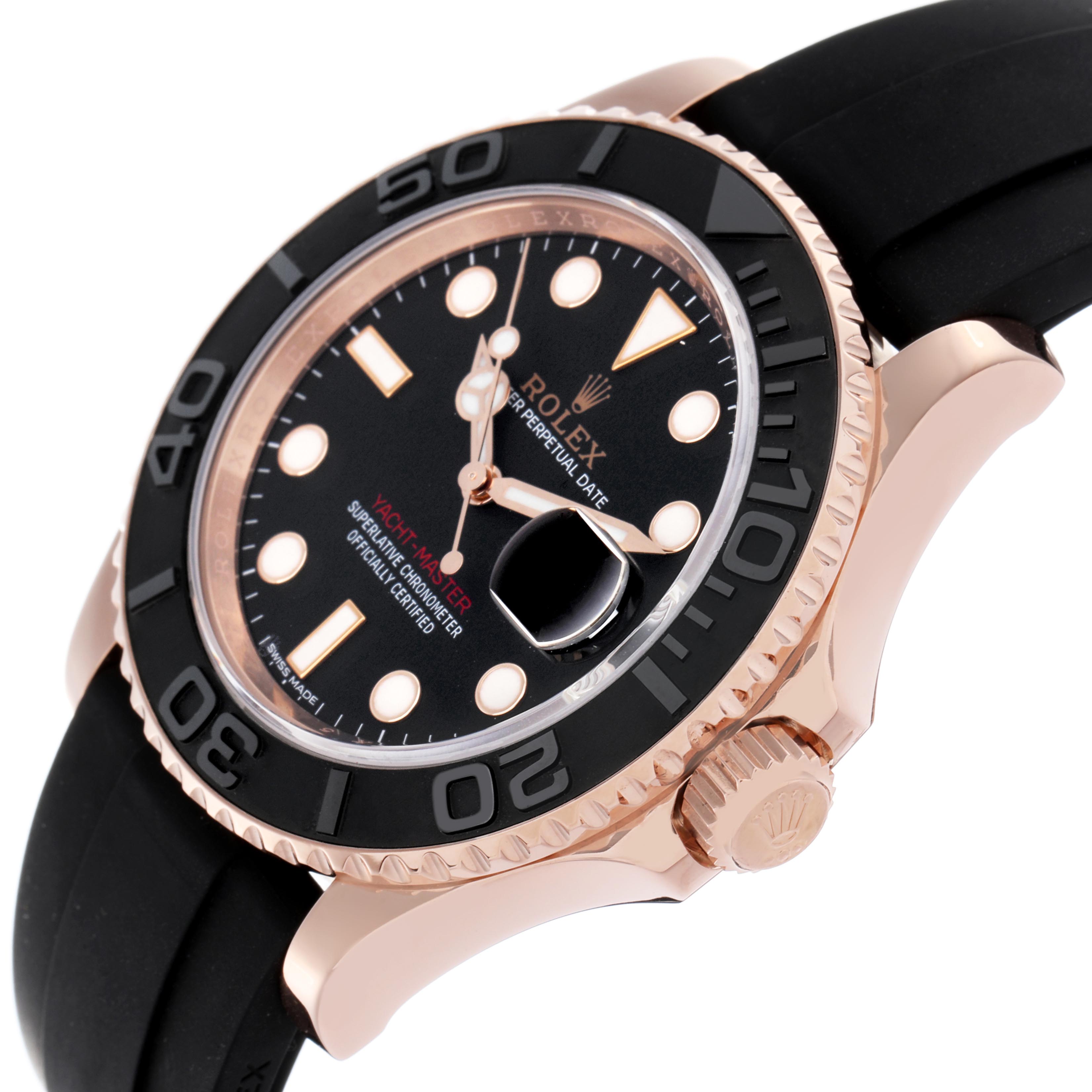 The Rolex Yacht-Master 116655 Men
s Rose Gold Black Dial 116655 Men
s Rose Gold Black Dial watch is shown at an angled view highlighting the dial, bezel, crown, and parts of the strap.