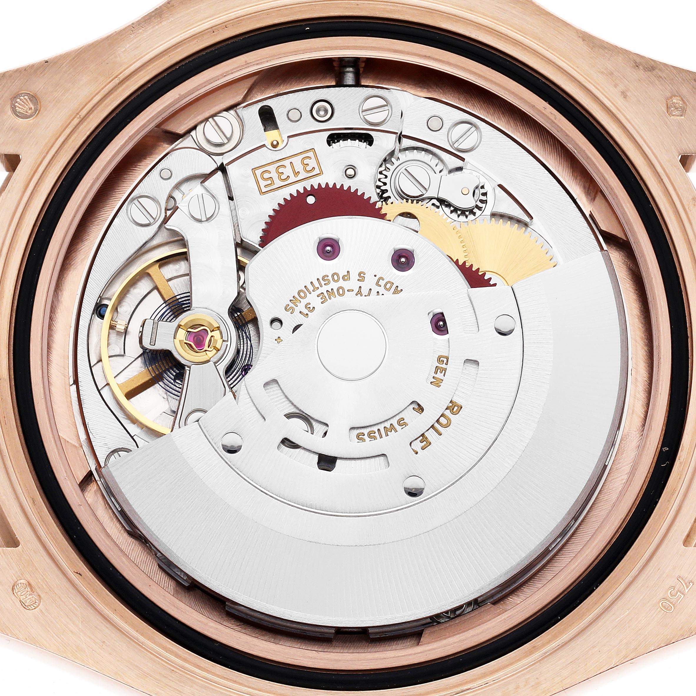 The image shows the back view of a Rolex Yacht-Master 116655 Men
s Rose Gold Black Dial 116655 Men
s Rose Gold Black Dial watch, highlighting its intricate internal movement mechanisms.