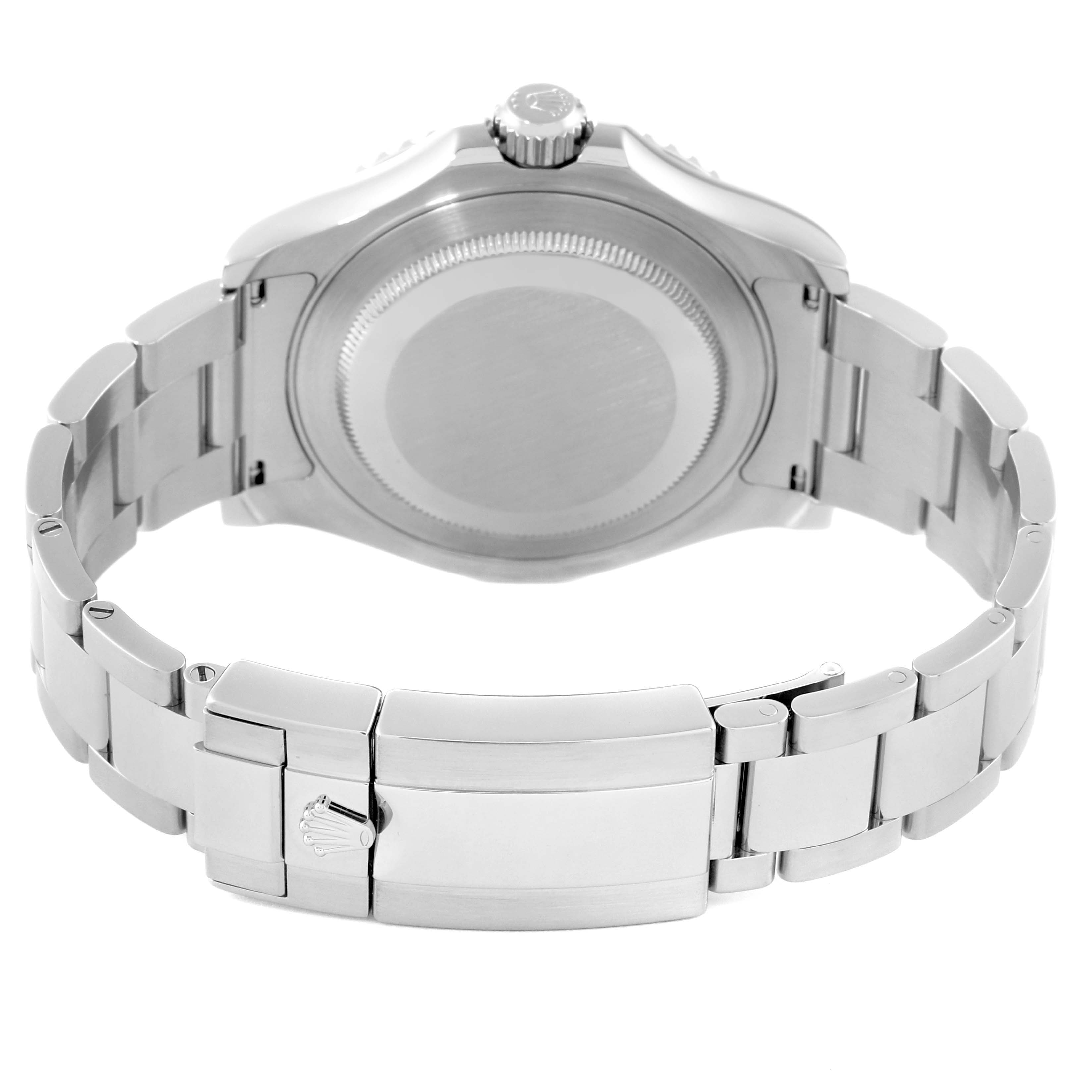 This image shows the back view of a Rolex Yacht-Master 116622 Men's Stainless Steel Silver Dial 116622 Men's Stainless Steel Silver Dial watch, highlighting the case back and bracelet clasp.