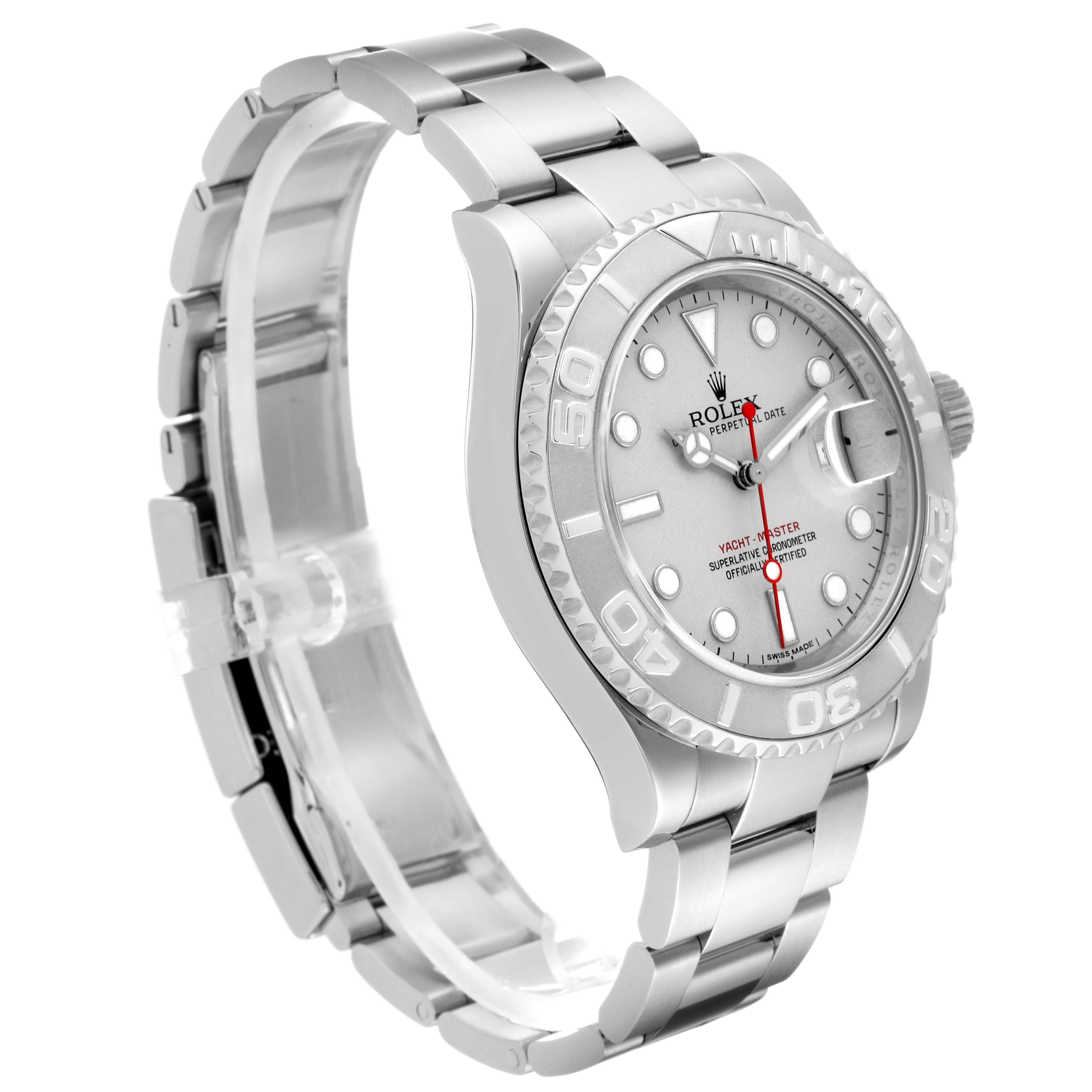 The Rolex Yacht-Master 116622 Men's Stainless Steel Silver Dial 116622 Men's Stainless Steel Silver Dial watch is shown at an angle showcasing its face, bezel, crown, and part of the bracelet.