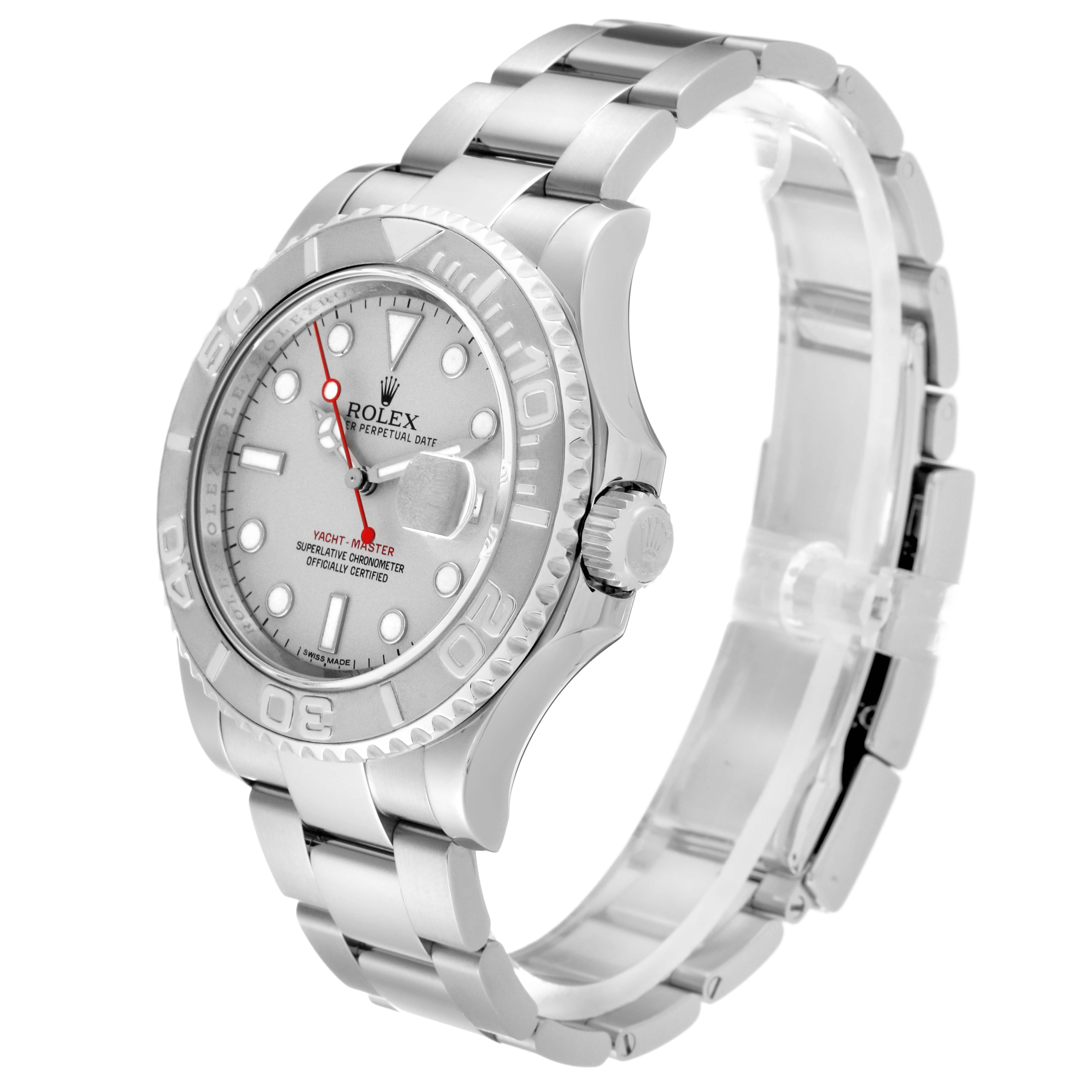 The image shows a Rolex Yacht-Master 116622 Men's Stainless Steel Silver Dial 116622 Men's Stainless Steel Silver Dial watch at a three-quarter angle, displaying the dial, bezel, crown, and bracelet.