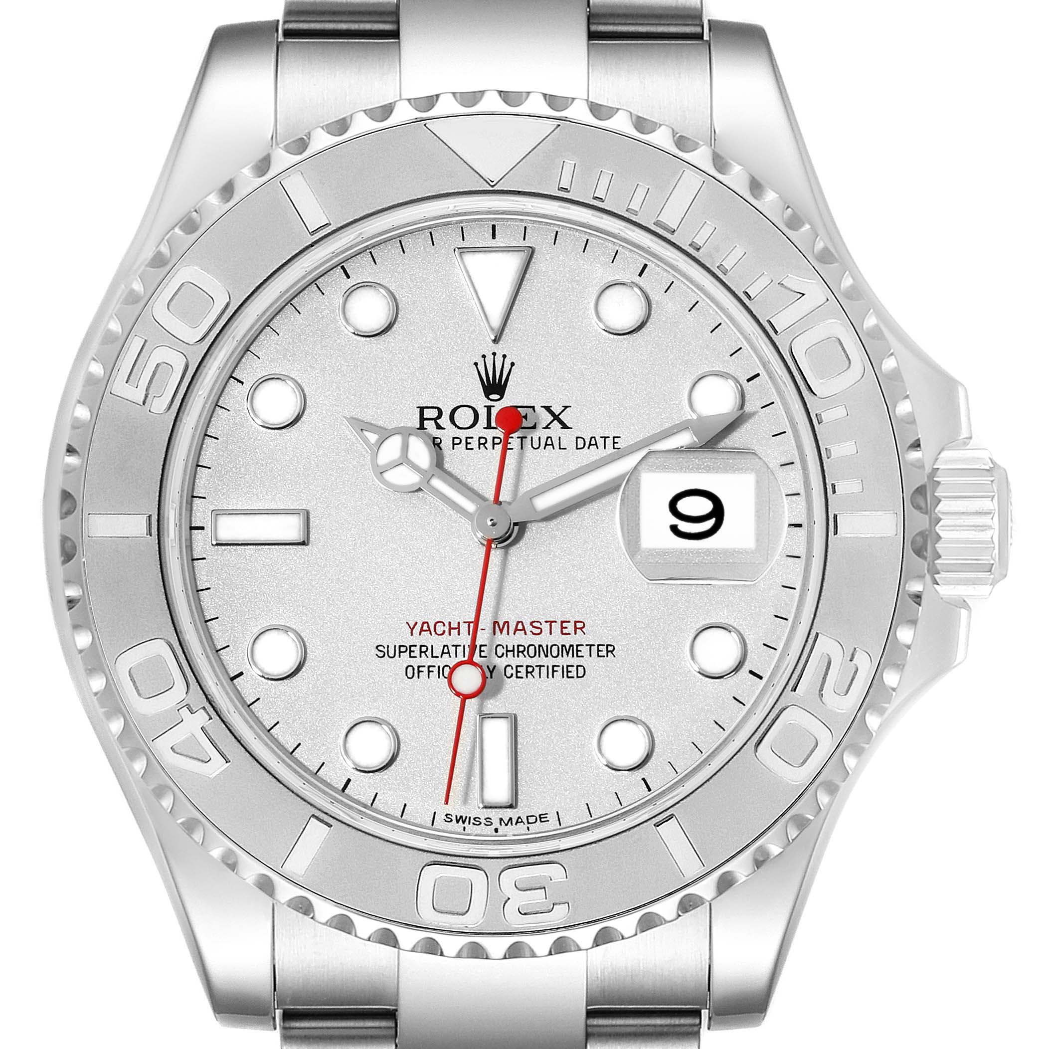 The image shows a frontal view of the Yacht-Master model by Rolex, highlighting the dial, bezel, and bracelet.