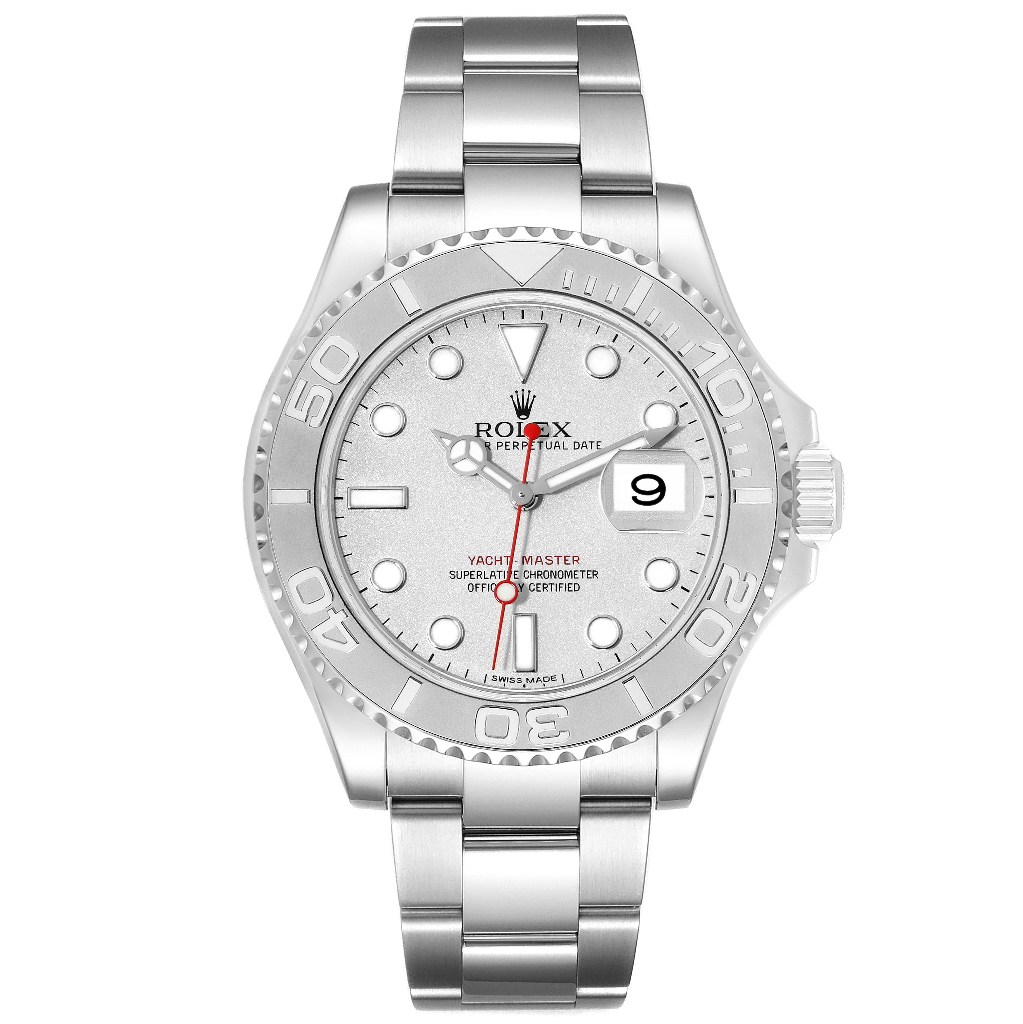 This image shows the front view of the Rolex Yacht-Master 116622 Men's Stainless Steel Silver Dial 116622 Men's Stainless Steel Silver Dial watch, highlighting the dial, bezel, and bracelet.