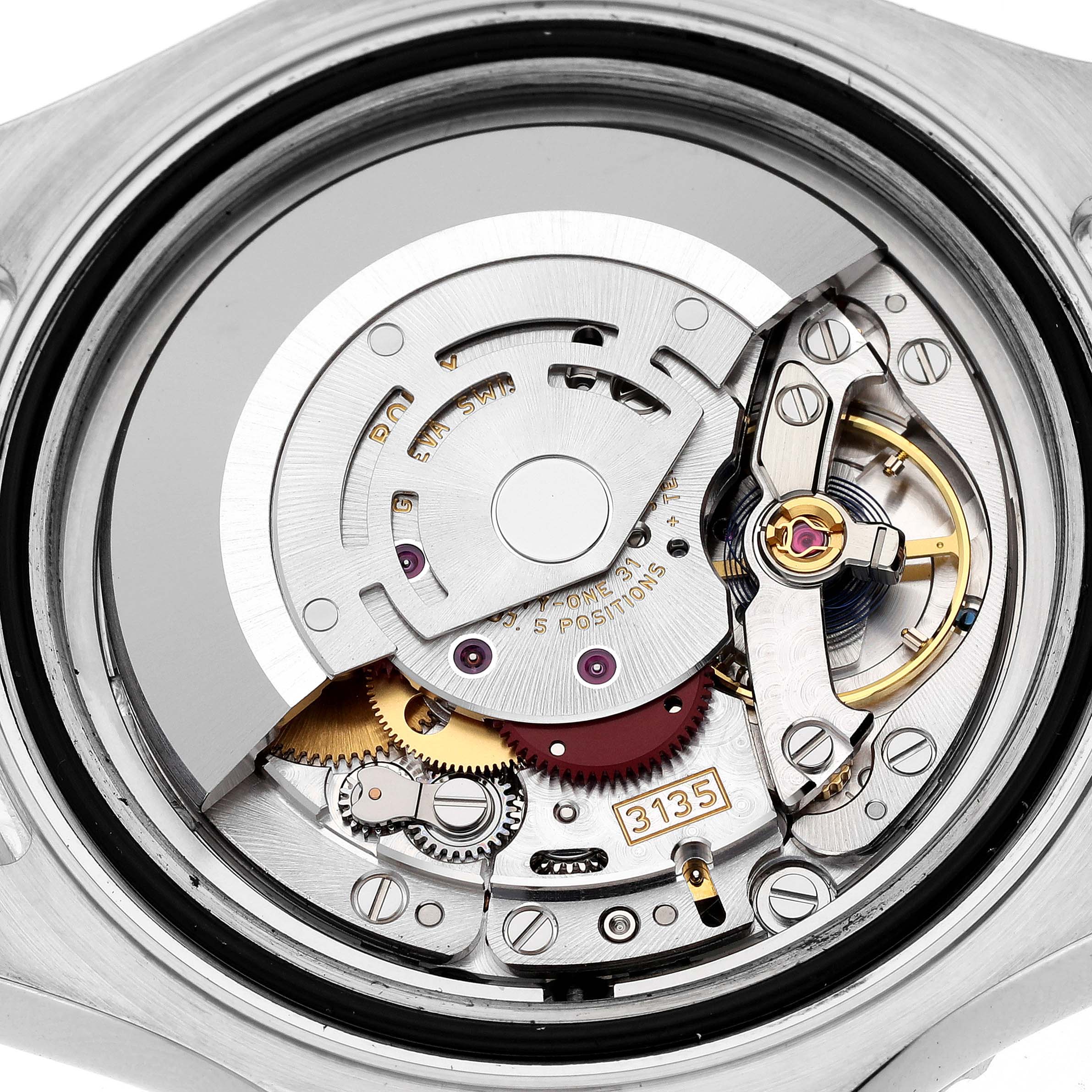 This image shows the intricate internal mechanism of a Rolex Yacht-Master 116622 Men's Stainless Steel Silver Dial 116622 Men's Stainless Steel Silver Dial watch from a rear perspective.