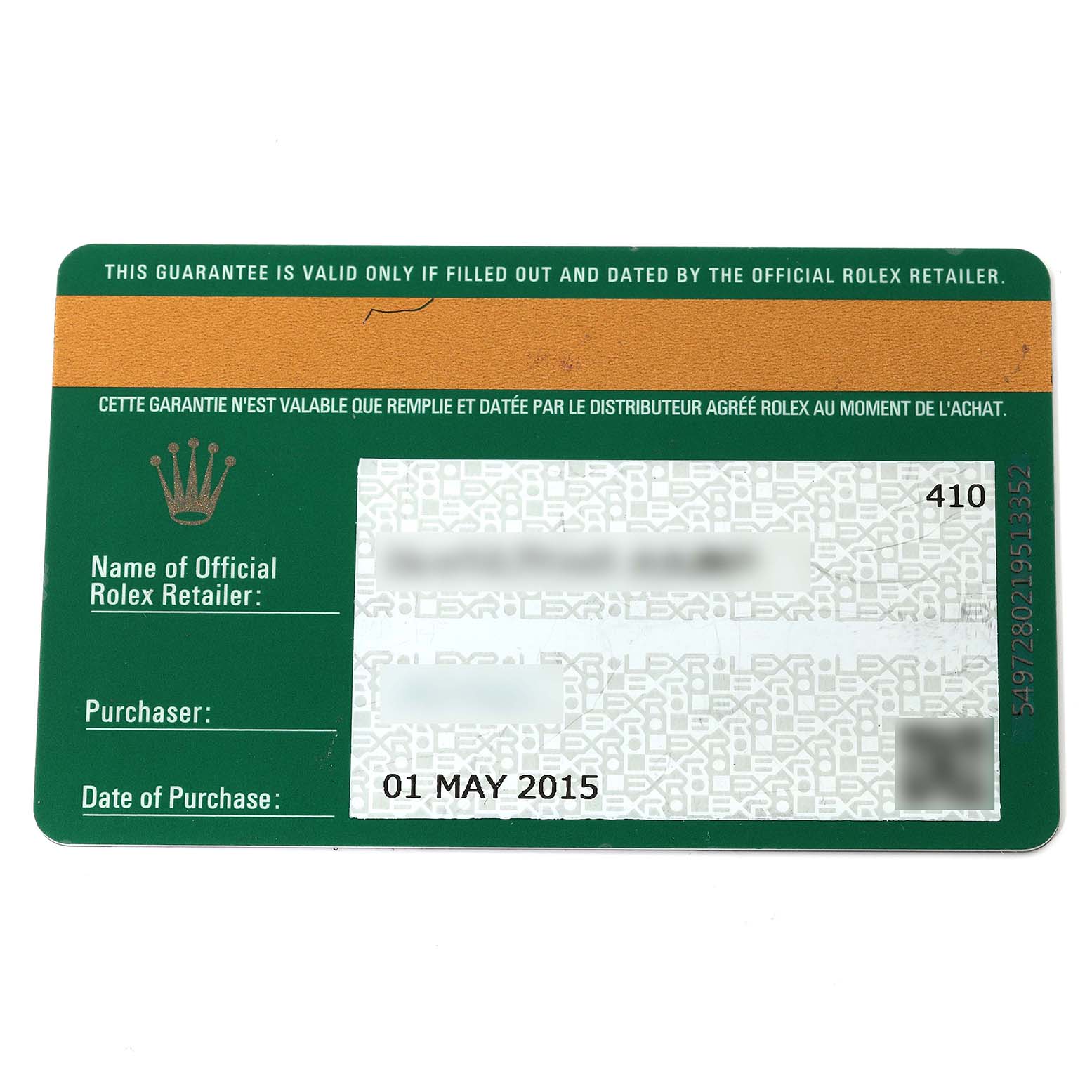 This image shows the warranty card of a Rolex Yacht-Master 116622 Men's Stainless Steel Silver Dial 116622 Men's Stainless Steel Silver Dial watch.