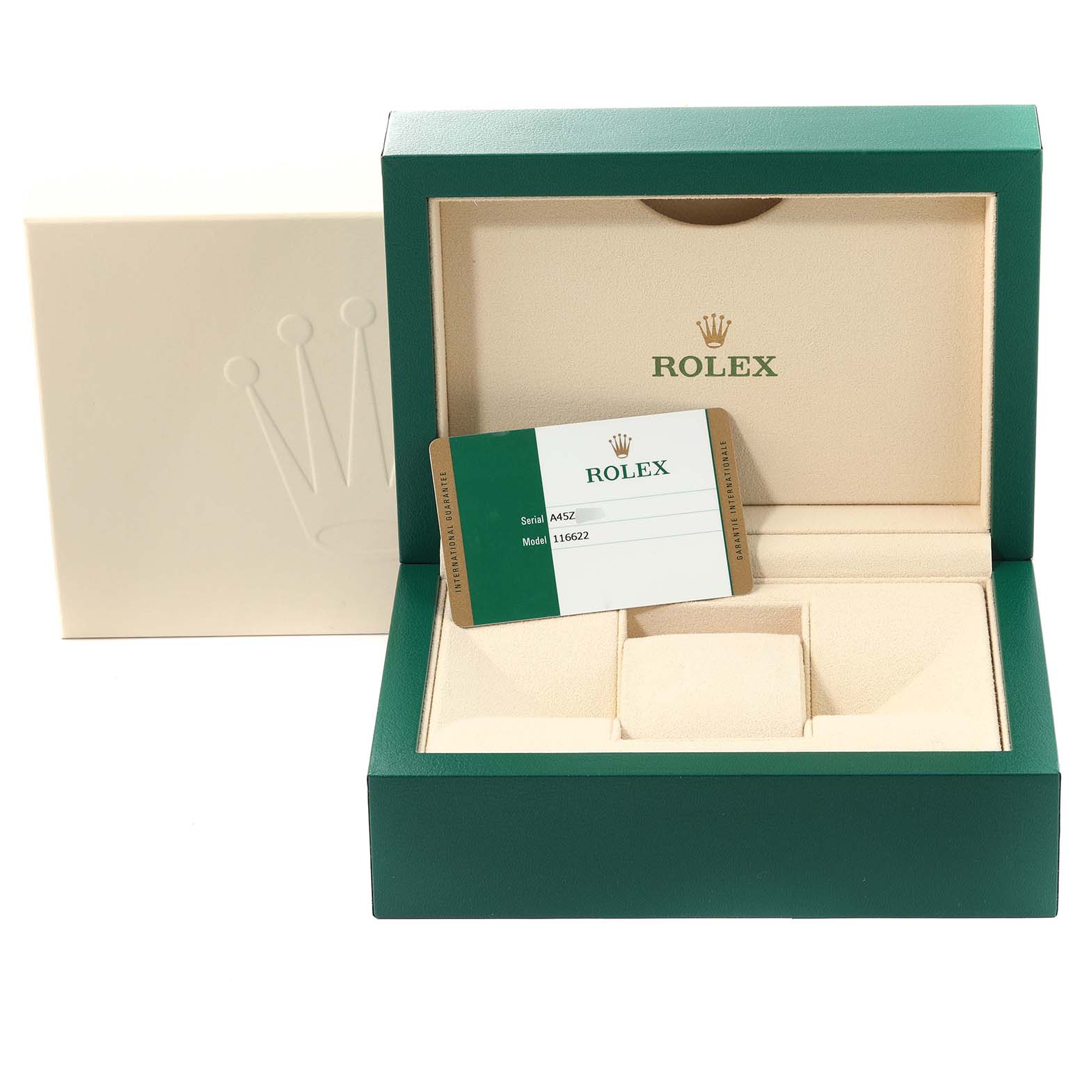 The image shows an open green Rolex box for the Yacht-Master model, displaying its warranty card inside.