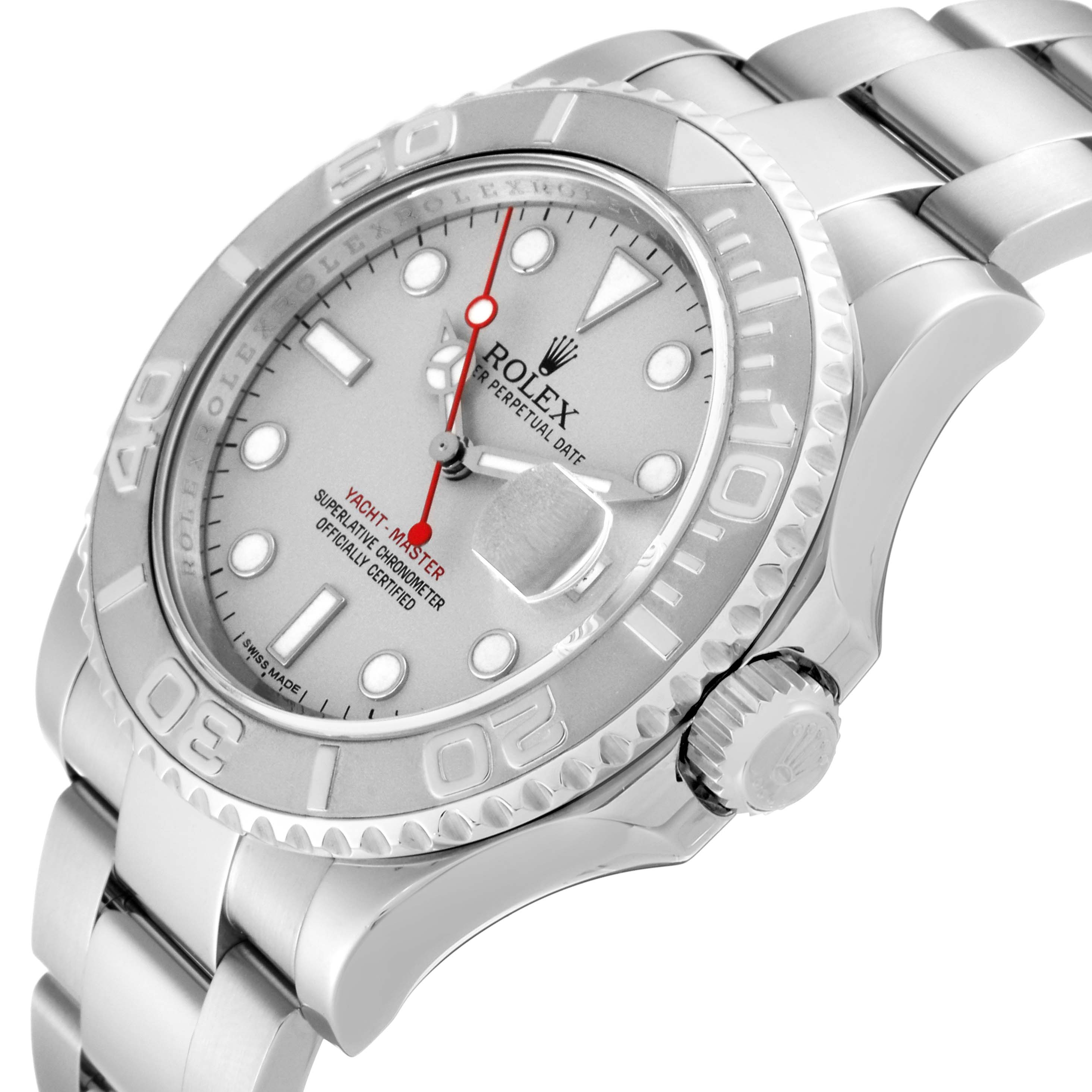 The Rolex Yacht-Master 116622 Men's Stainless Steel Silver Dial 116622 Men's Stainless Steel Silver Dial watch is shown from a three-quarter angle, displaying the face, bezel, and part of the bracelet.
