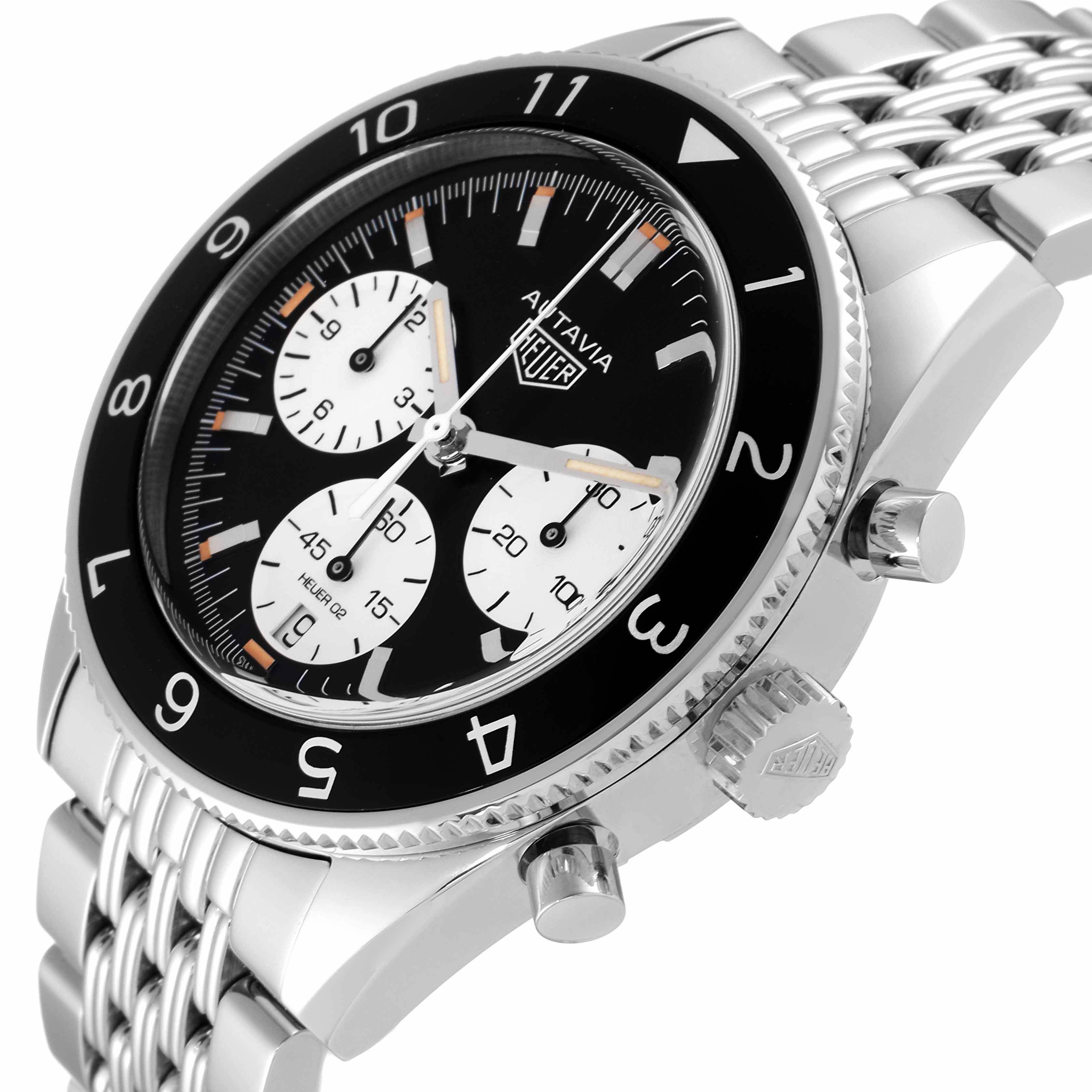 The image shows a side angle of the Tag Heuer Autavia CBE2110.BA0687 Men's Stainless Steel Black Dial CBE2110.BA0687 Men's Stainless Steel Black Dial watch, highlighting its bezel, dial, crown, and chronograph pushers.
