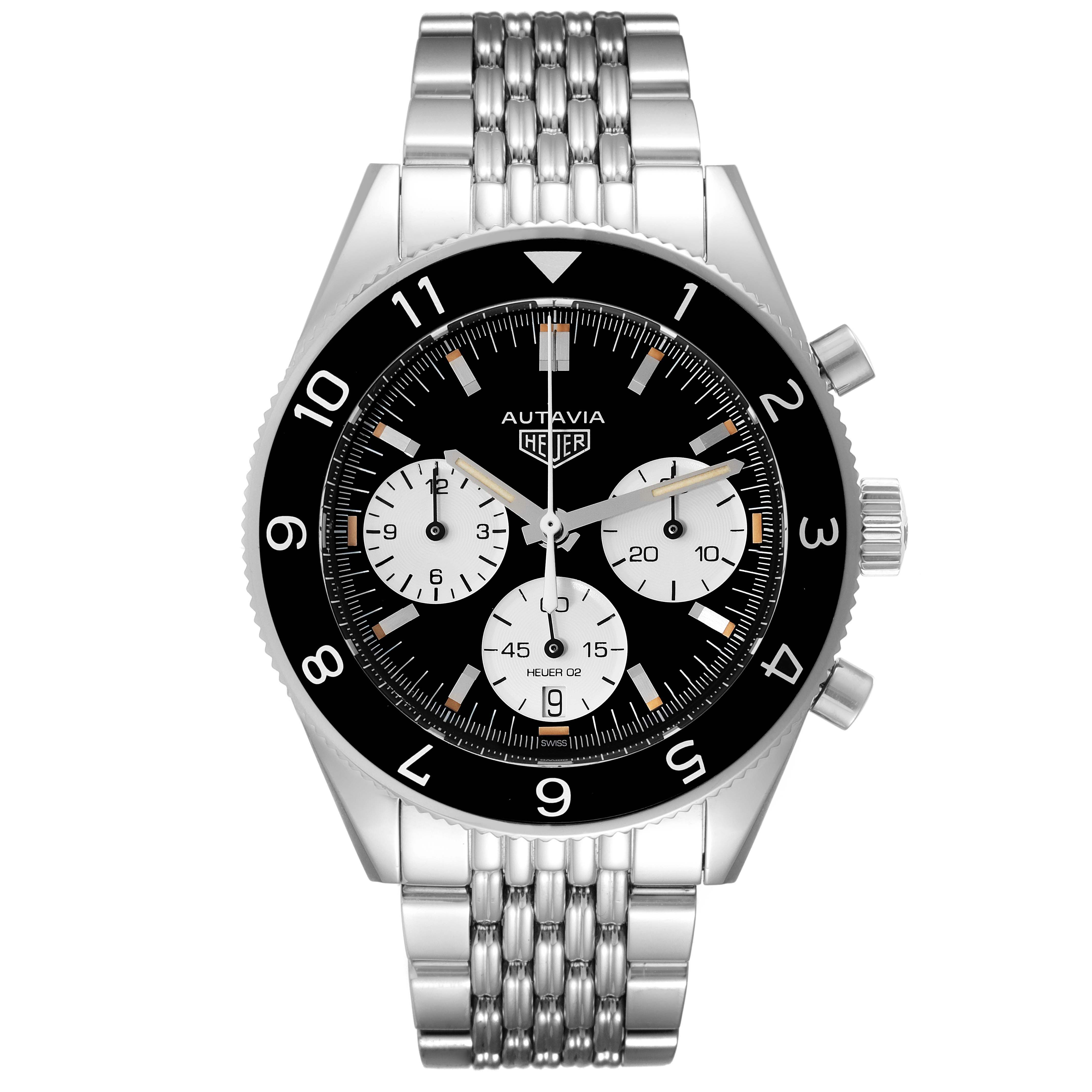 The image shows a front view of the Tag Heuer Autavia CBE2110.BA0687 Men's Stainless Steel Black Dial CBE2110.BA0687 Men's Stainless Steel Black Dial watch, highlighting its face, sub-dials, and stainless steel bracelet.