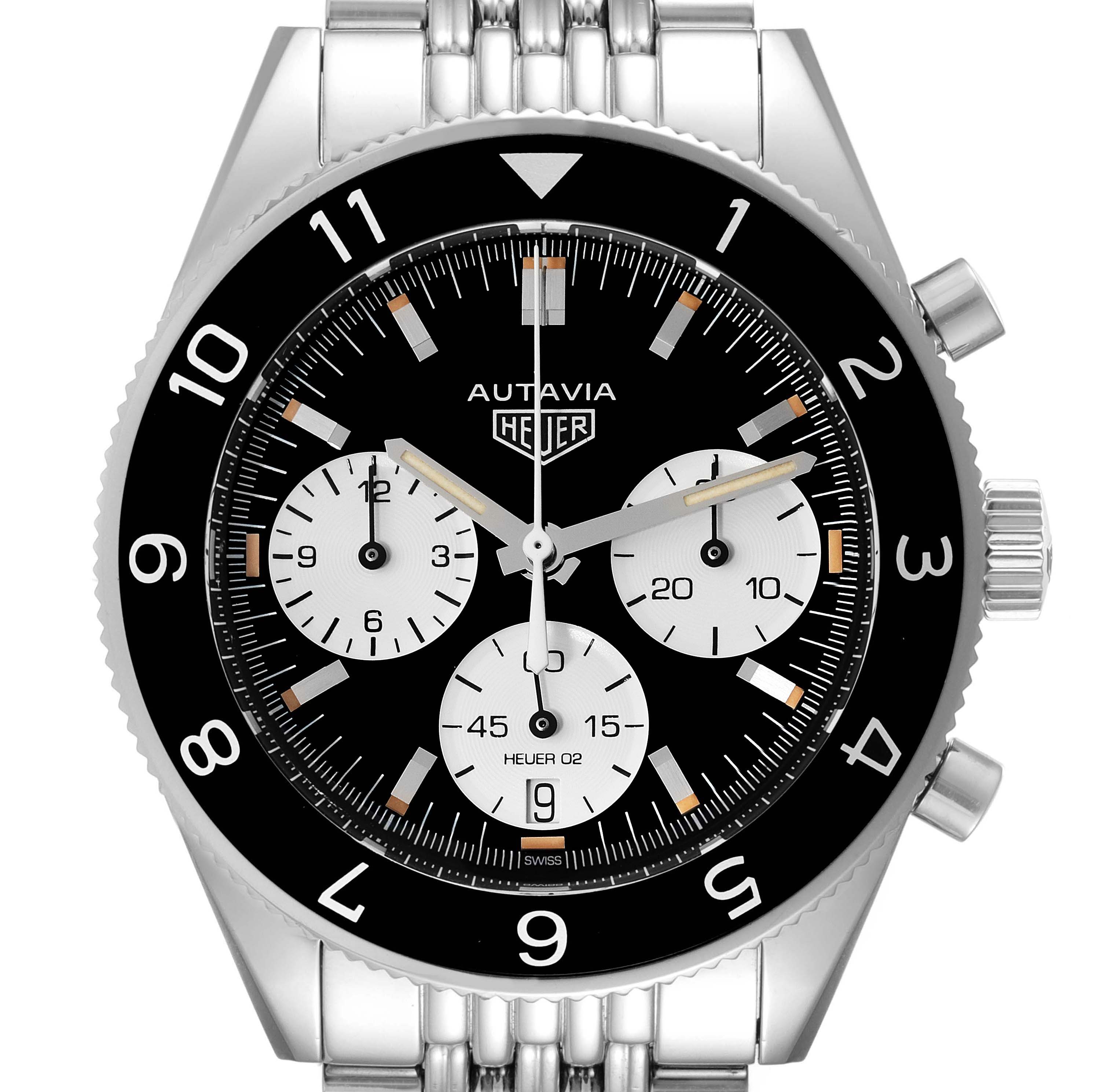 This image shows a frontal view of a Tag Heuer Autavia CBE2110.BA0687 Men's Stainless Steel Black Dial CBE2110.BA0687 Men's Stainless Steel Black Dial watch, displaying its dial, bezel, subdials, and crown.