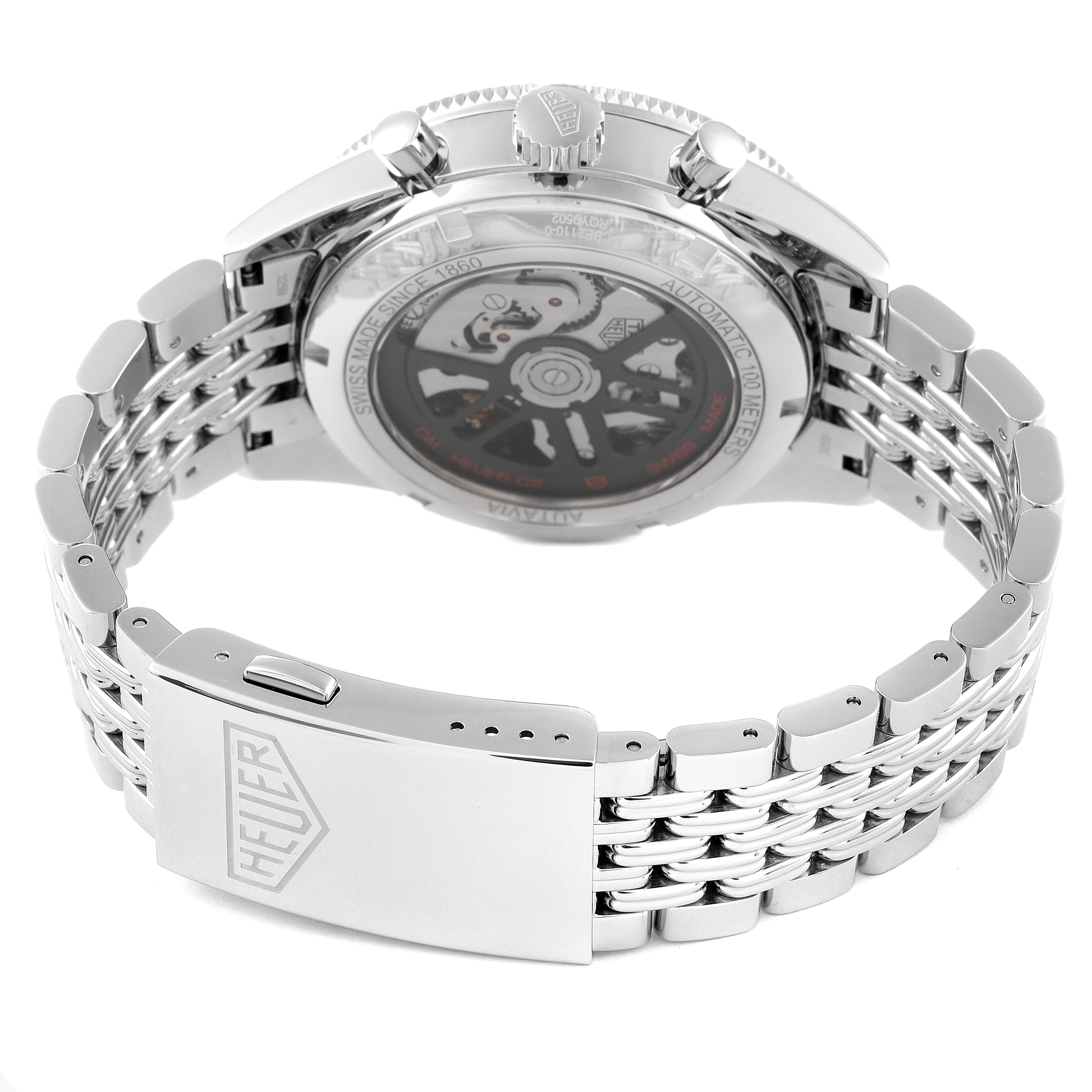 This image shows the back view and metal bracelet of a Tag Heuer Autavia CBE2110.BA0687 Men's Stainless Steel Black Dial CBE2110.BA0687 Men's Stainless Steel Black Dial watch, highlighting the clasp and movement.