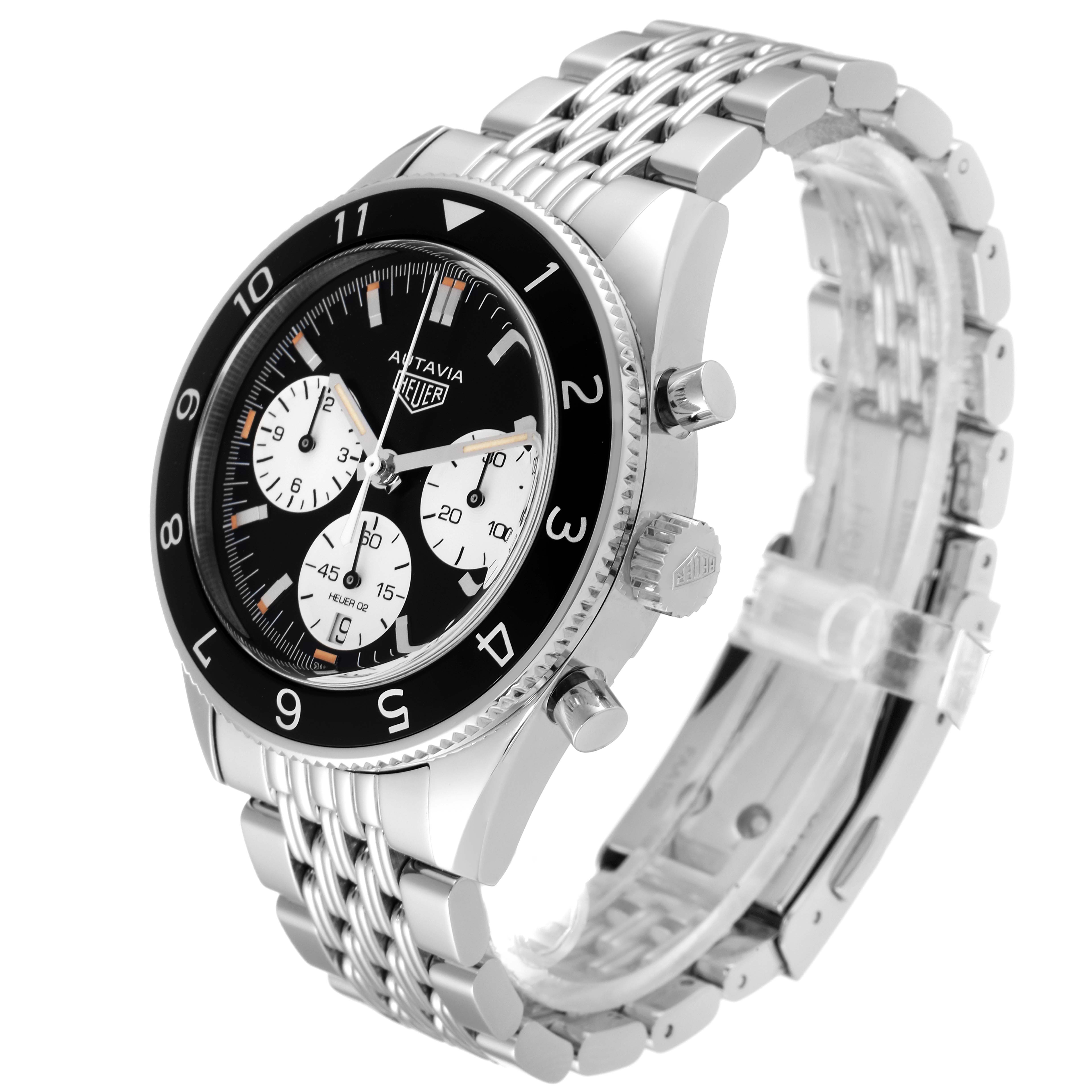 The Tag Heuer Autavia CBE2110.BA0687 Men's Stainless Steel Black Dial CBE2110.BA0687 Men's Stainless Steel Black Dial watch is shown at an angled side view, displaying its dial, bezel, crown, pushers, and bracelet.