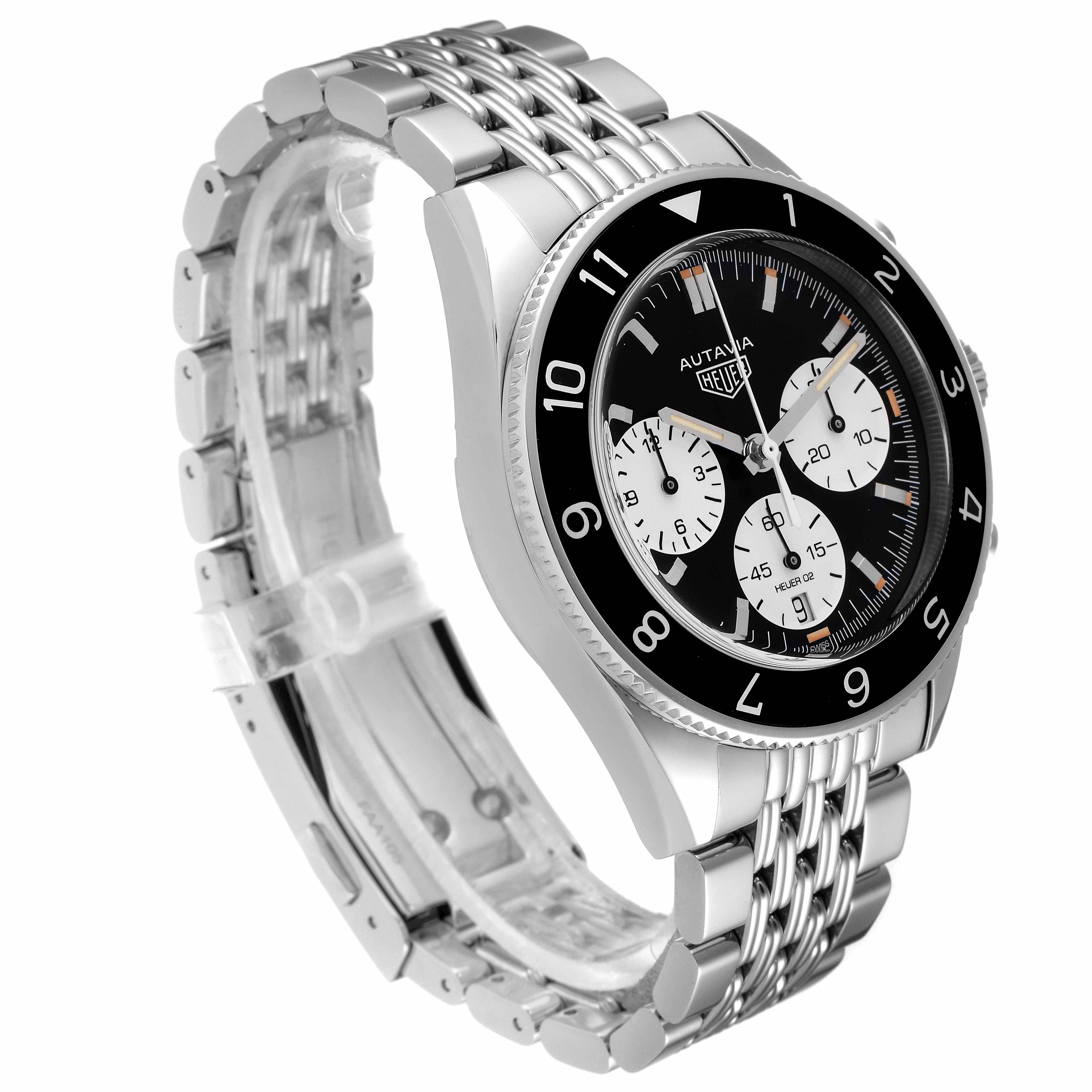 The image shows a Tag Heuer Autavia CBE2110.BA0687 Men's Stainless Steel Black Dial CBE2110.BA0687 Men's Stainless Steel Black Dial watch at a slight angle, displaying its face, bezel, crown, and stainless steel bracelet.