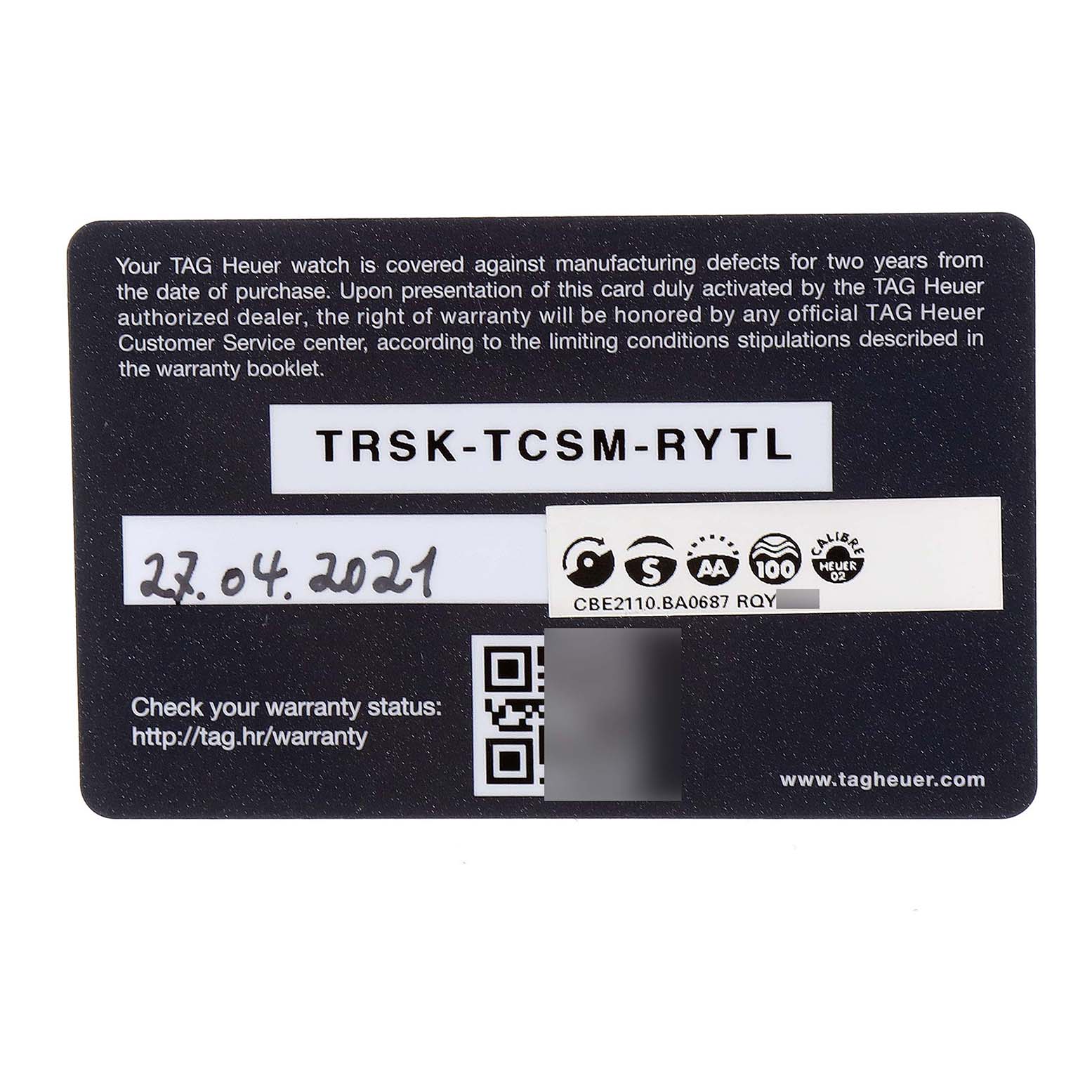 This image shows a warranty card for the Tag Heuer Autavia CBE2110.BA0687 Men's Stainless Steel Black Dial CBE2110.BA0687 Men's Stainless Steel Black Dial model with a purchase date and warranty code.