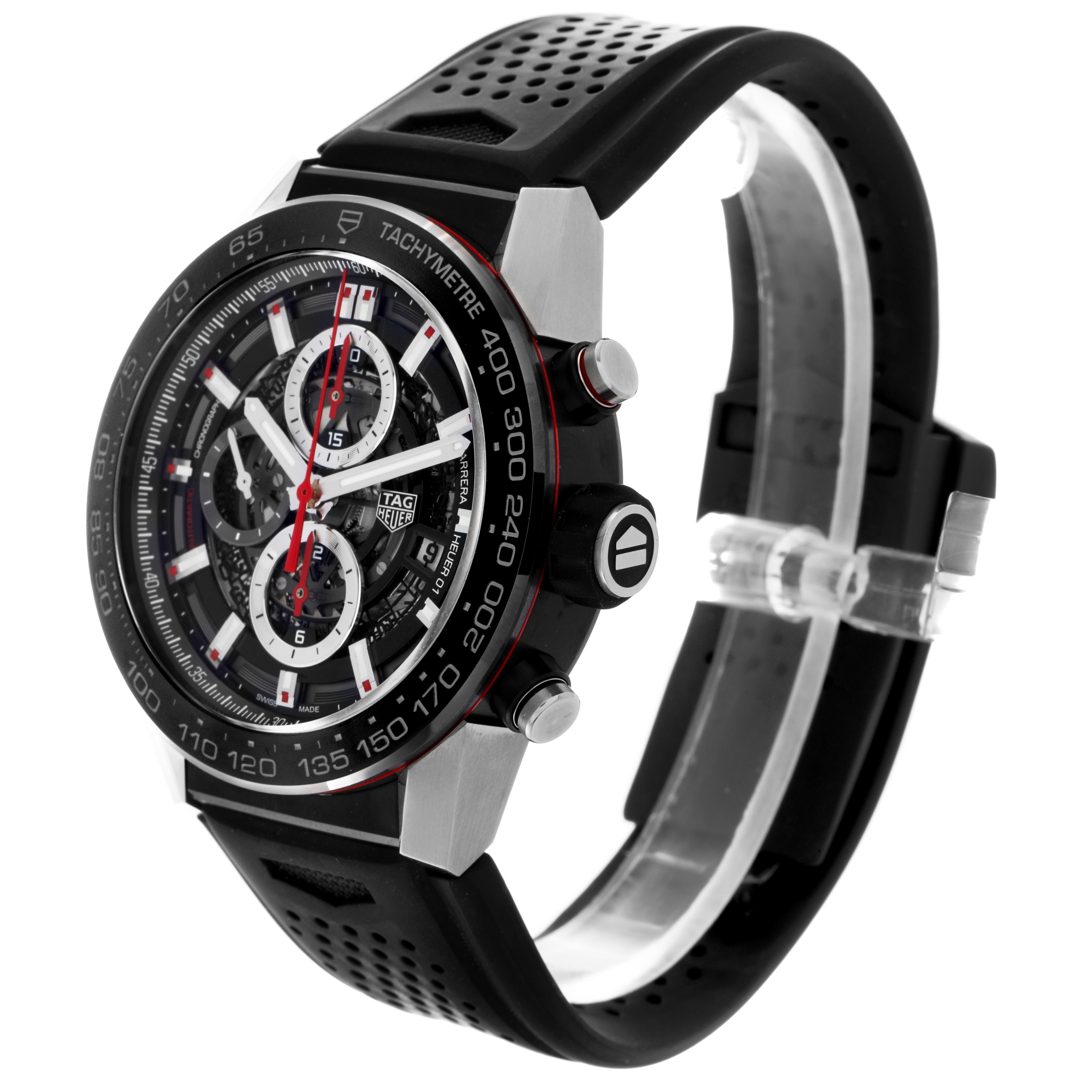 The Tag Heuer Carrera CAR2A1Z Men
s Stainless Steel Black Dial CAR2A1Z Men
s Stainless Steel Black Dial watch is shown at an angled side view, highlighting the face, bezel, and part of the strap.