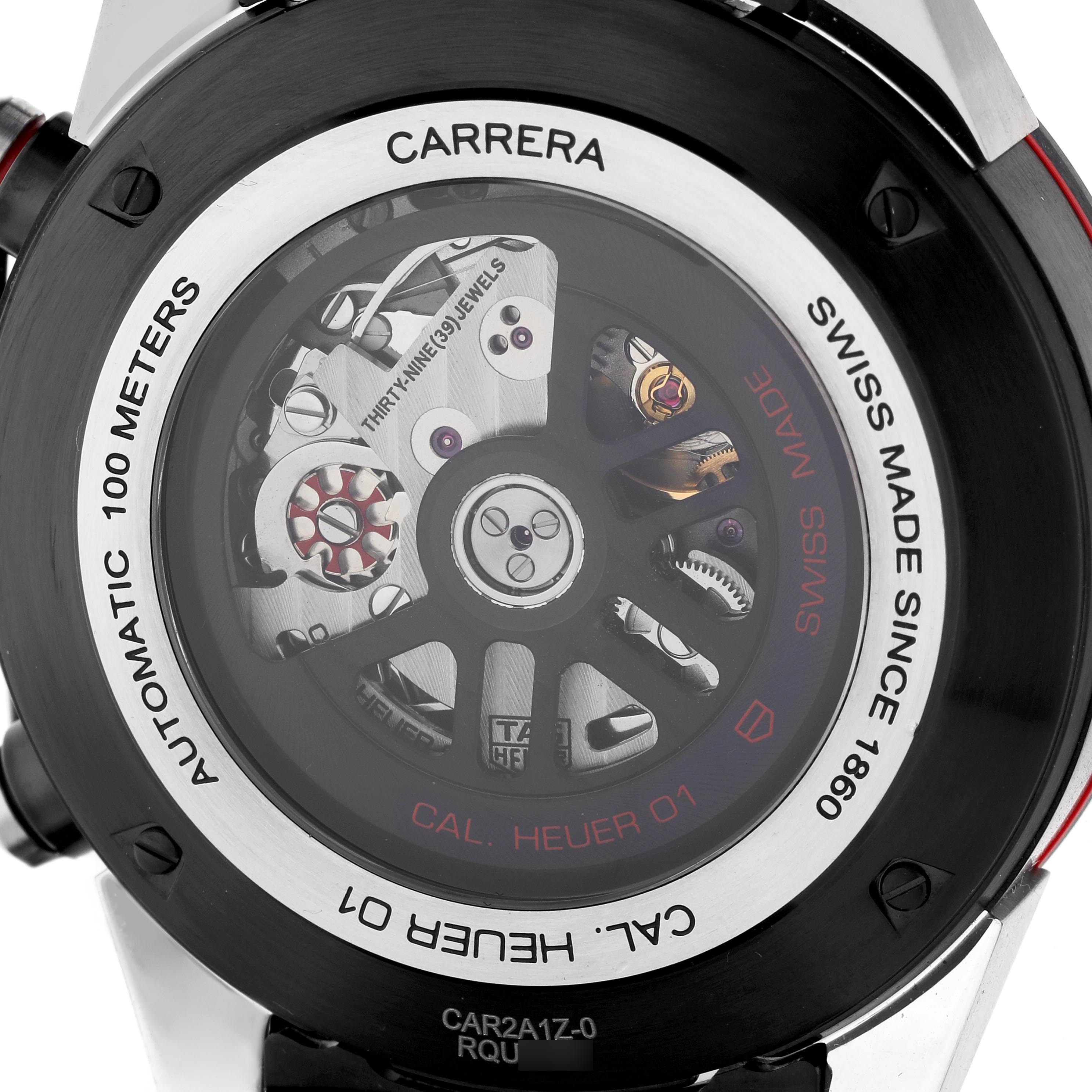 The image shows the back view of a Tag Heuer Carrera CAR2A1Z Men
s Stainless Steel Black Dial CAR2A1Z Men
s Stainless Steel Black Dial watch, highlighting its automatic movement and intricate components.