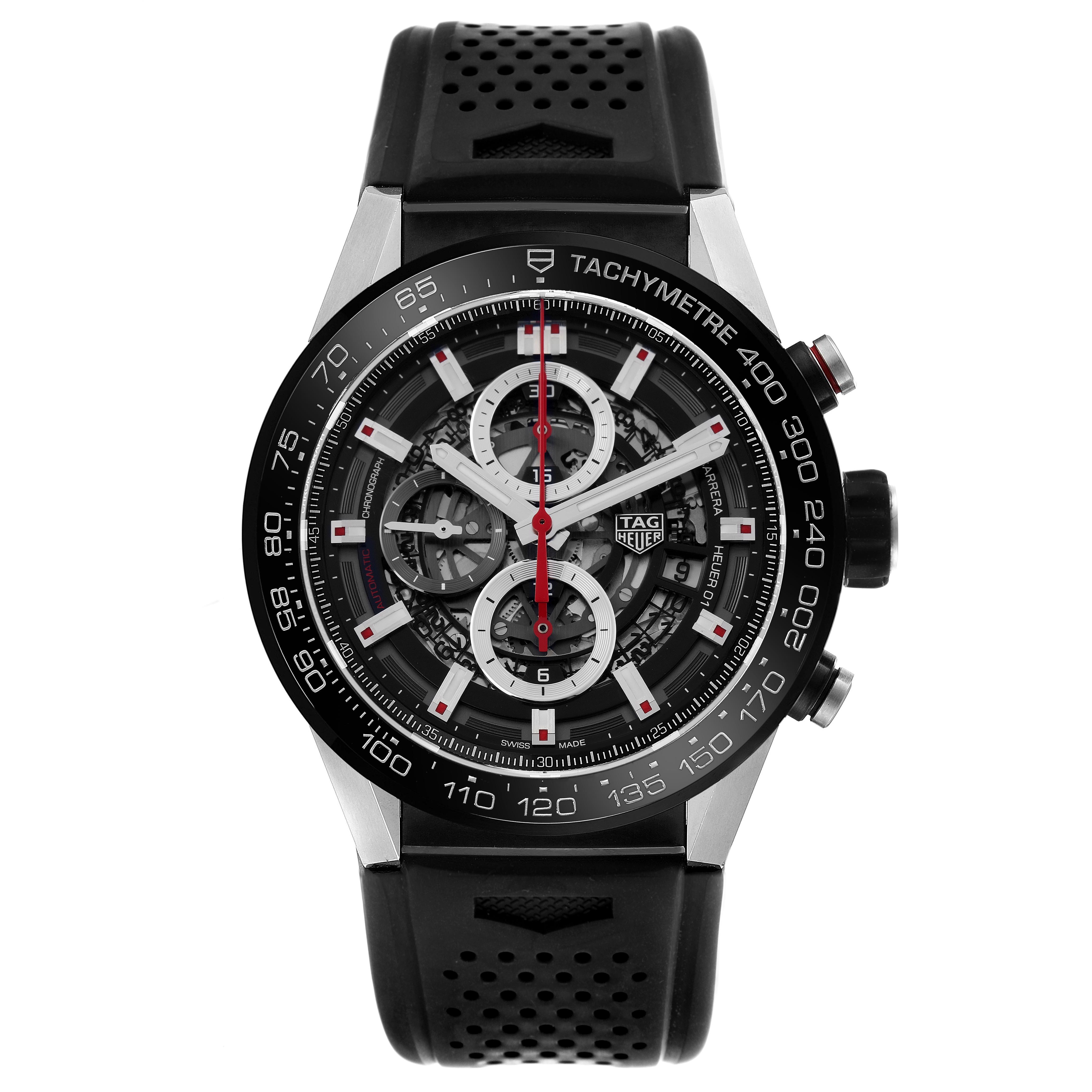 The Tag Heuer Carrera CAR2A1Z Men
s Stainless Steel Black Dial CAR2A1Z Men
s Stainless Steel Black Dial watch is shown from a front angle, highlighting its face, tachymeter bezel, and chronograph subdials.