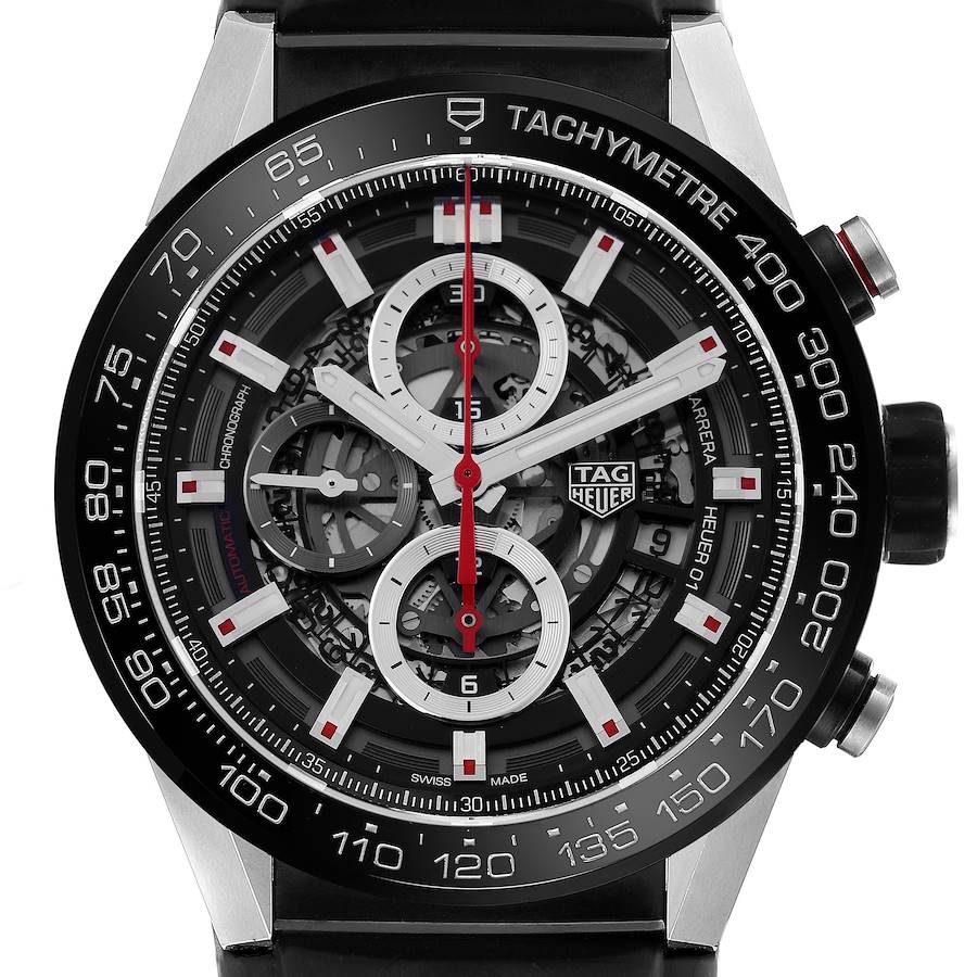The image shows a front view of the Tag Heuer Carrera watch, highlighting its tachymeter bezel, subdials, and skeleton dial.