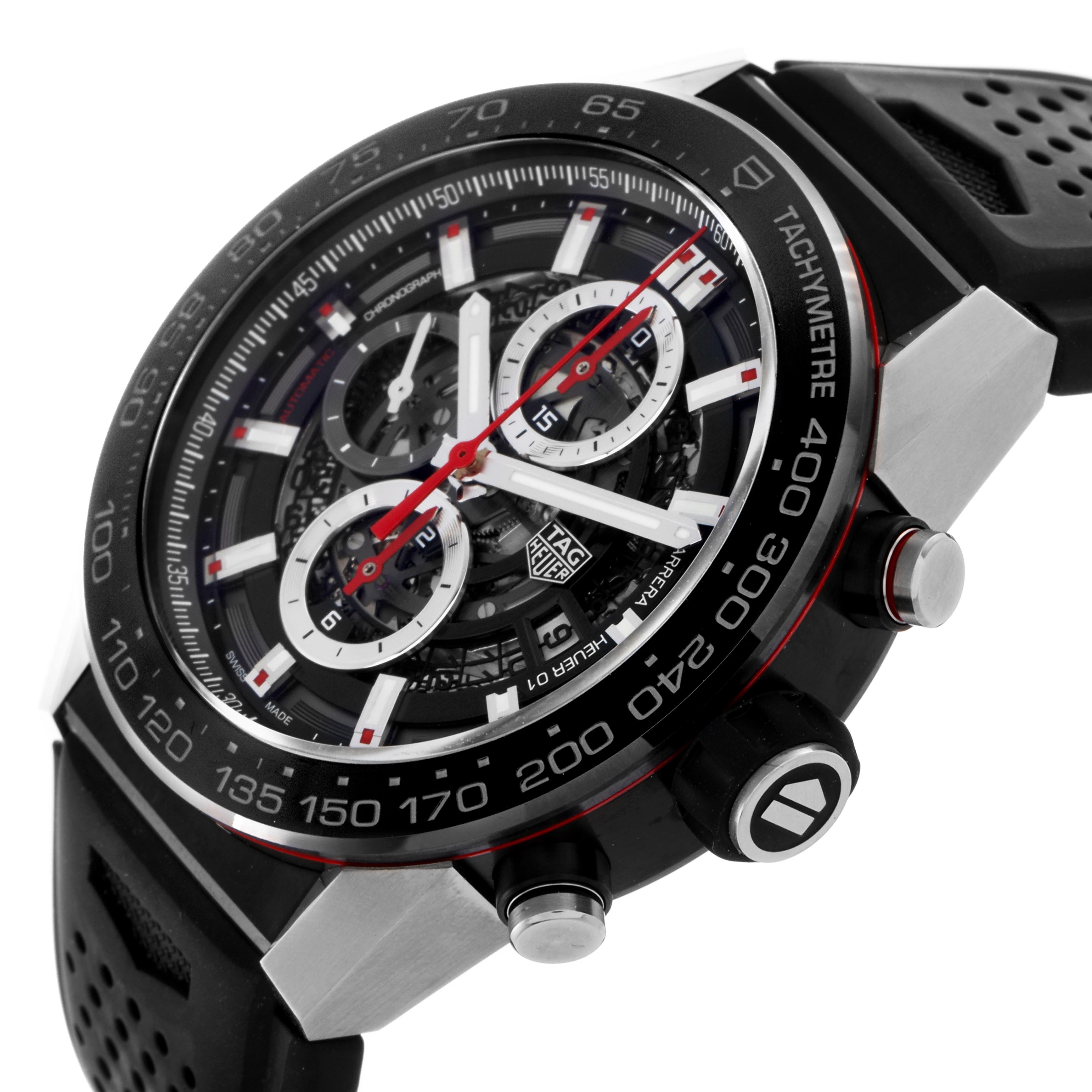 The Tag Heuer Carrera CAR2A1Z Men
s Stainless Steel Black Dial CAR2A1Z Men
s Stainless Steel Black Dial watch is shown at an angle highlighting the face, bezel, tachymeter, pushers, and part of the strap.