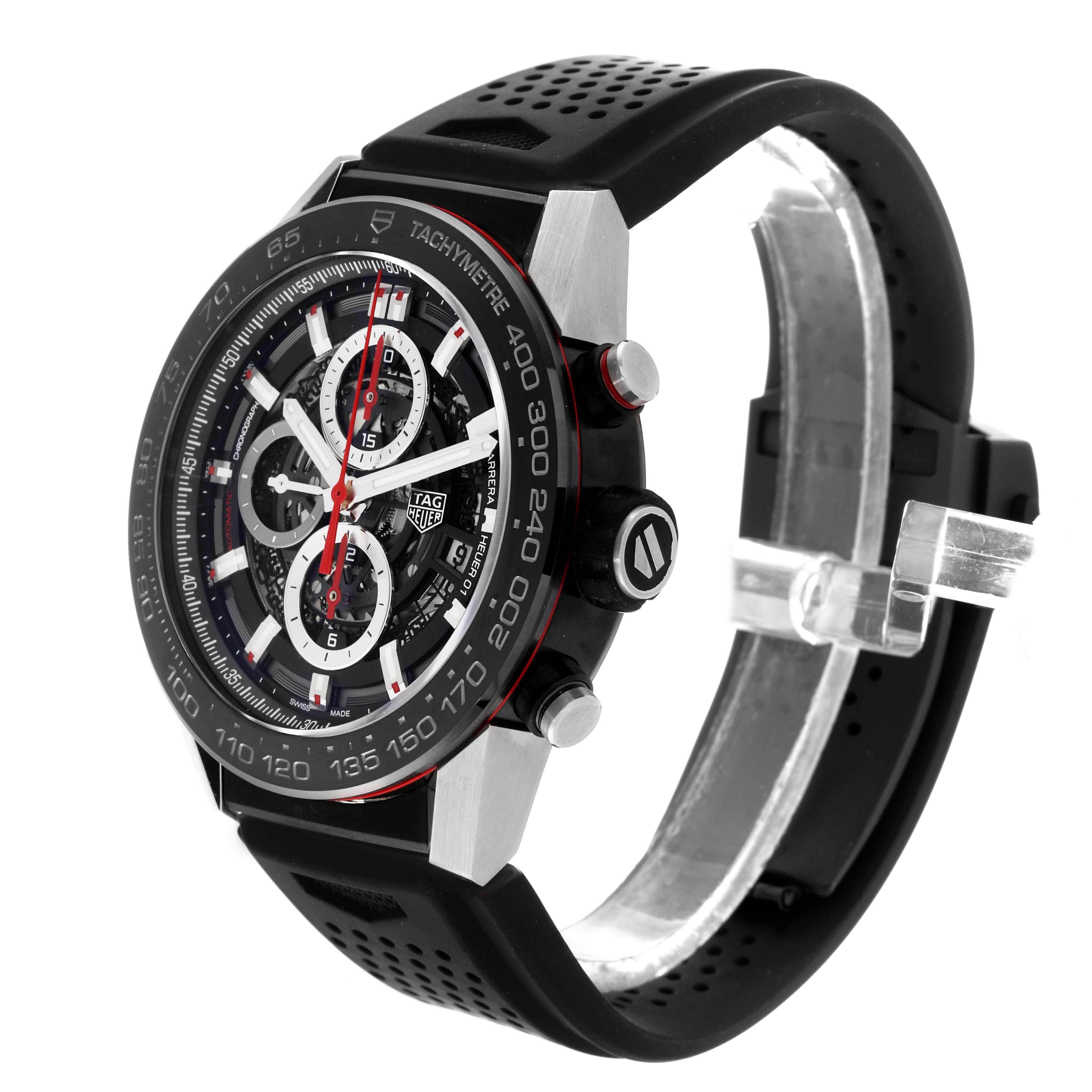 The Tag Heuer Carrera CAR2A1Z-0 Men
s Stainless Steel Black Dial CAR2A1Z-0 Men
s Stainless Steel Black Dial watch is shown at a three-quarter angle, highlighting the tachymeter bezel, chronograph dials, and rubber strap.