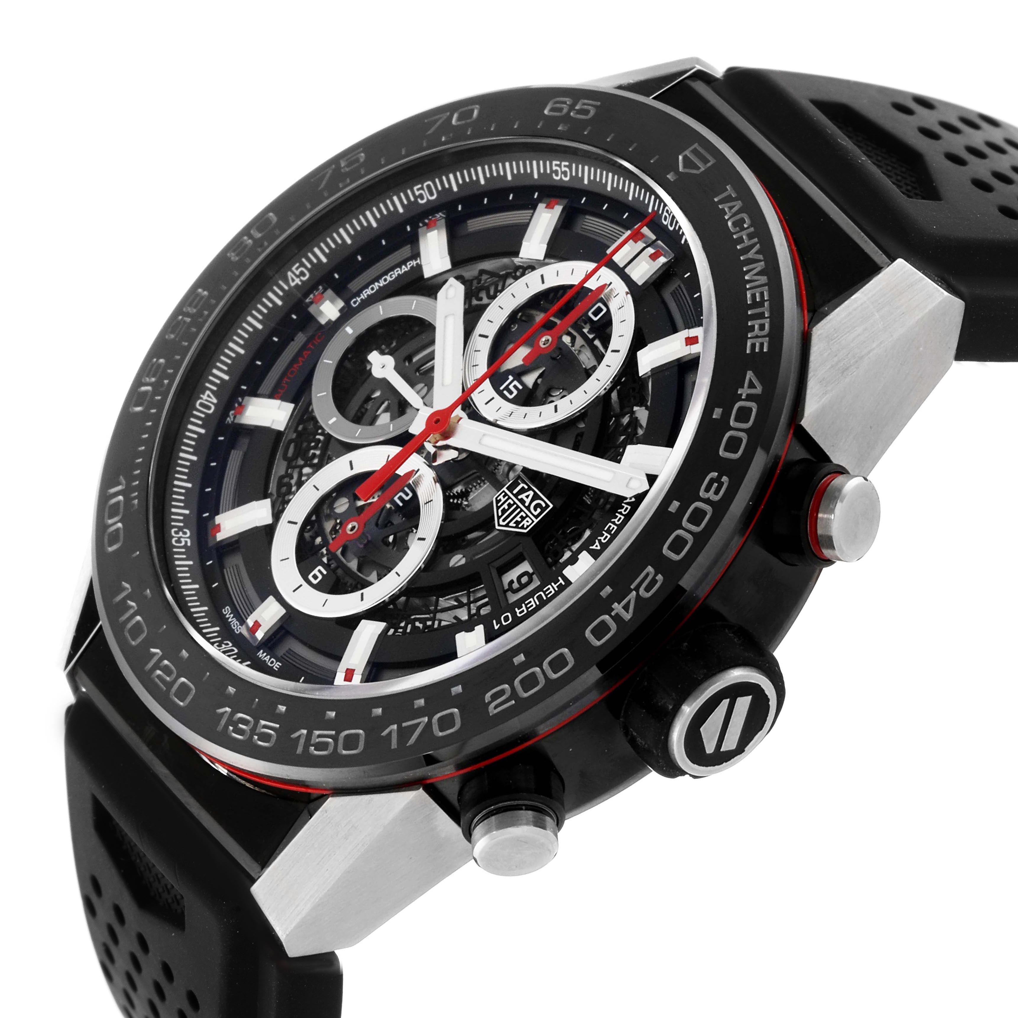 The Tag Heuer Carrera CAR2A1Z-0 Men
s Stainless Steel Black Dial CAR2A1Z-0 Men
s Stainless Steel Black Dial watch is shown at an angle focusing on the dial, bezel, crown, and part of the strap.