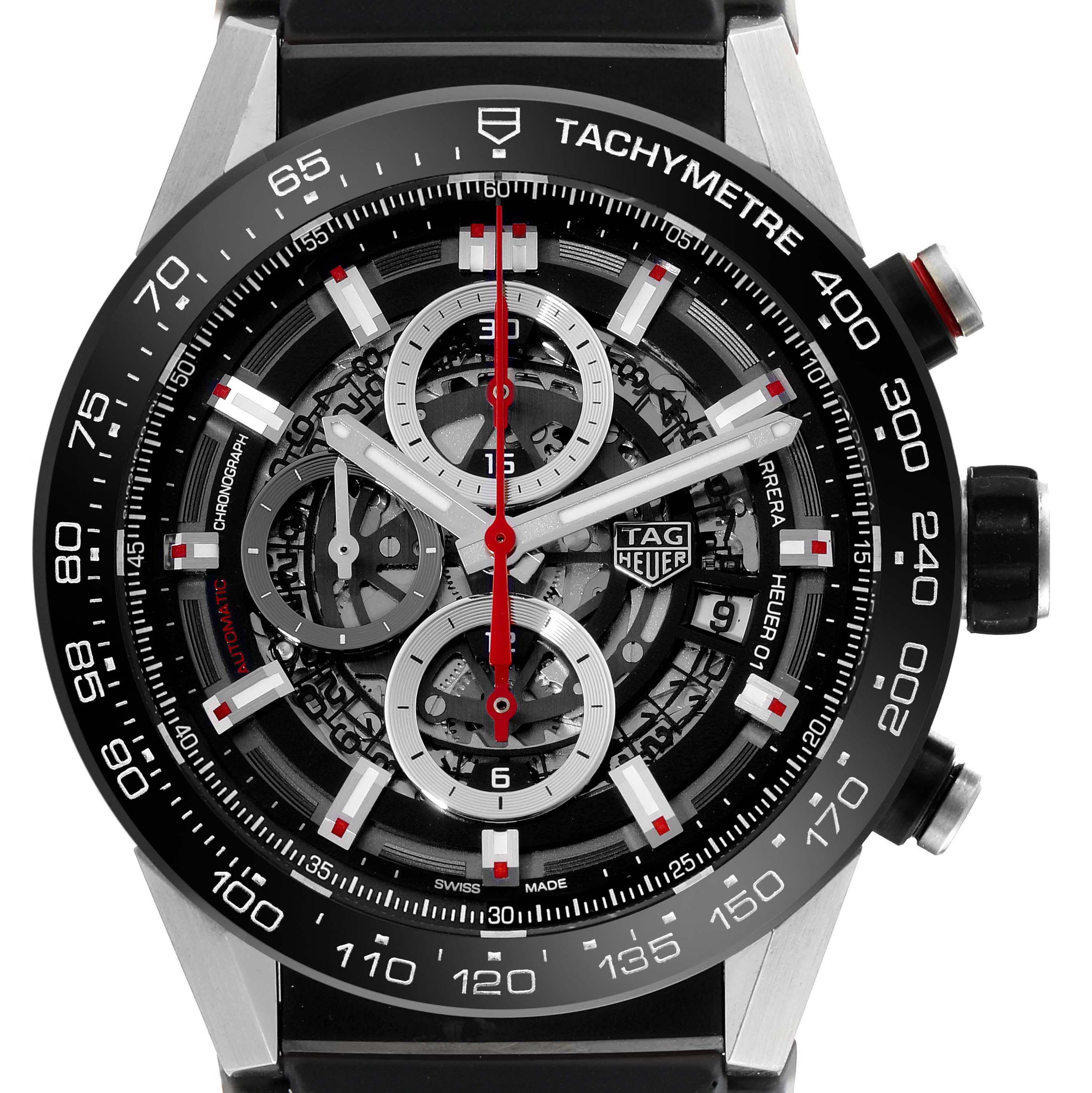 The Tag Heuer Carrera CAR2A1Z-0 Men
s Stainless Steel Black Dial CAR2A1Z-0 Men
s Stainless Steel Black Dial watch is shown from the front, displaying its skeleton dial, tachymeter, and chronograph subdials.