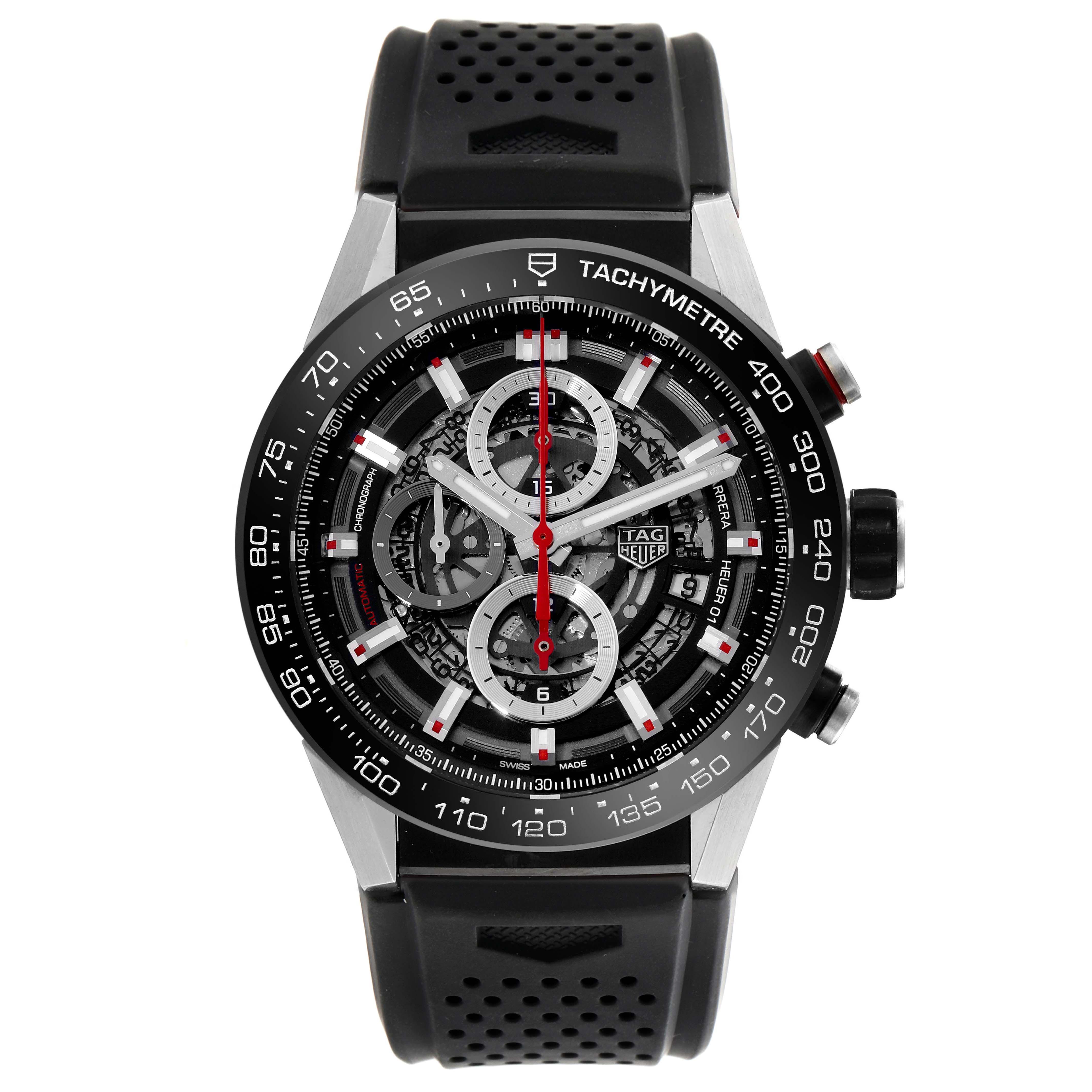 The Tag Heuer Carrera CAR2A1Z-0 Men
s Stainless Steel Black Dial CAR2A1Z-0 Men
s Stainless Steel Black Dial watch is shown from the front, displaying its face, tachymeter bezel, and black strap.