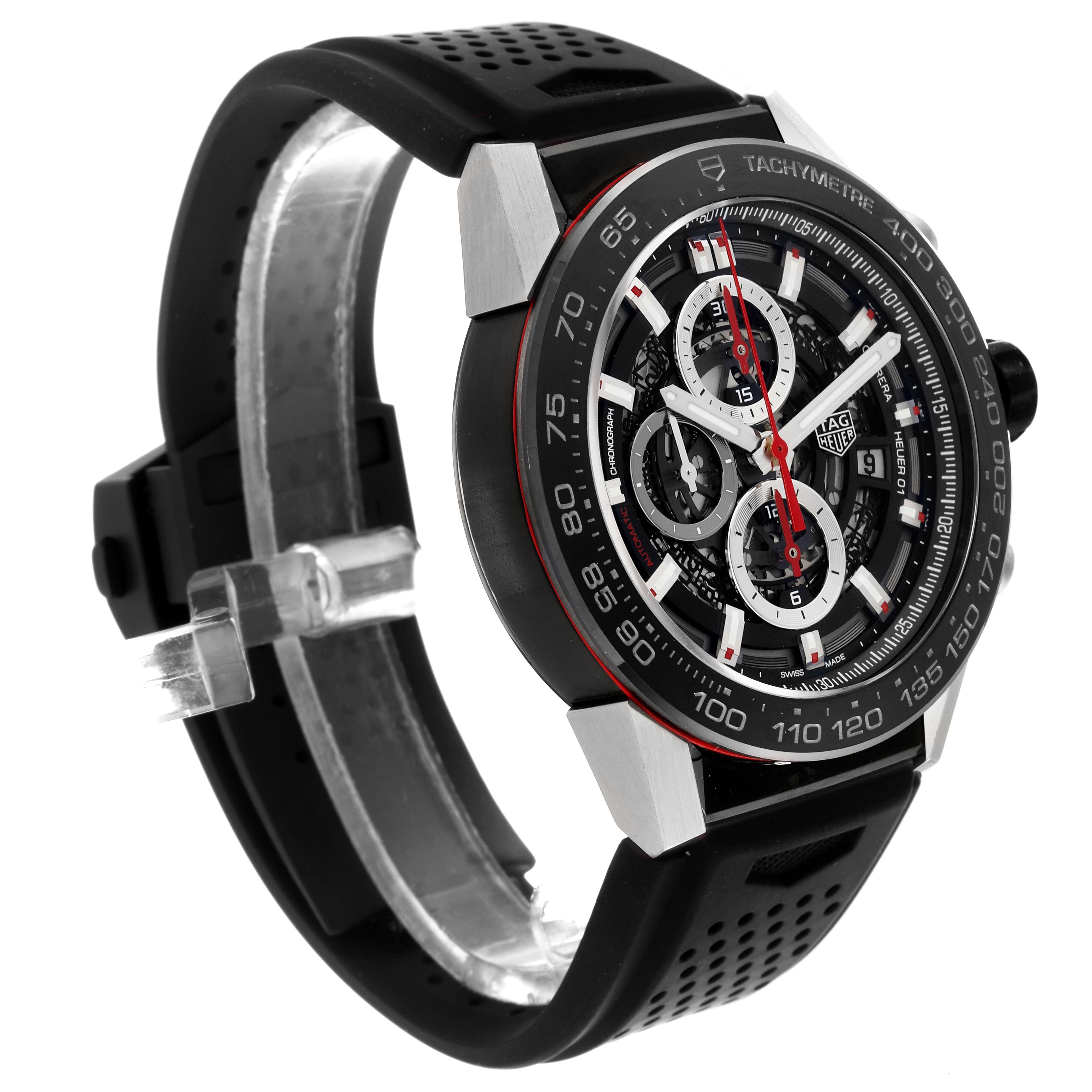 The Tag Heuer Carrera CAR2A1Z-0 Men
s Stainless Steel Black Dial CAR2A1Z-0 Men
s Stainless Steel Black Dial watch is shown at a three-quarter angle, highlighting the face, bezel, and black perforated strap.