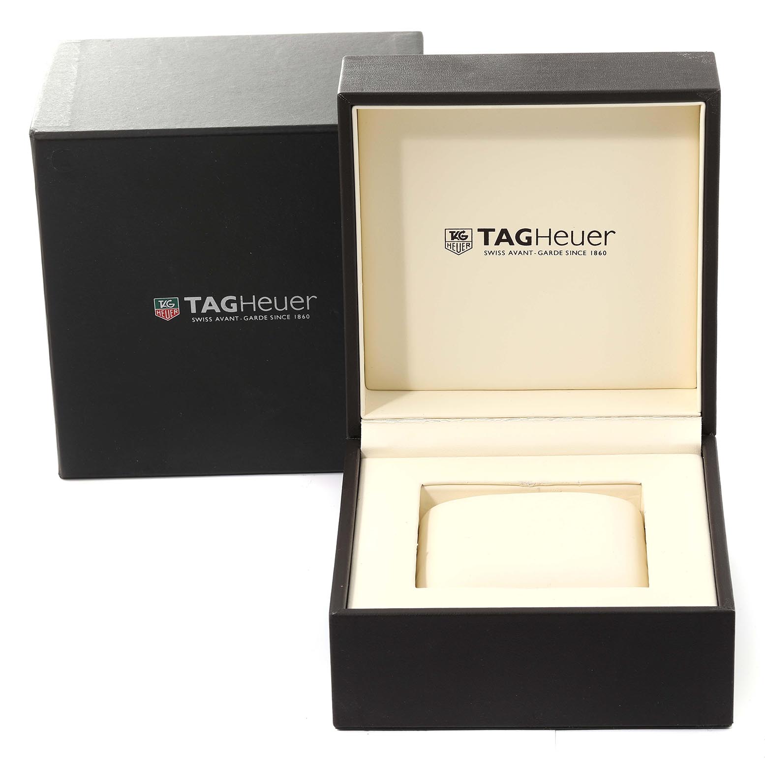 The image shows an open TAG Heuer watch box and outer packaging for the Carrera model.