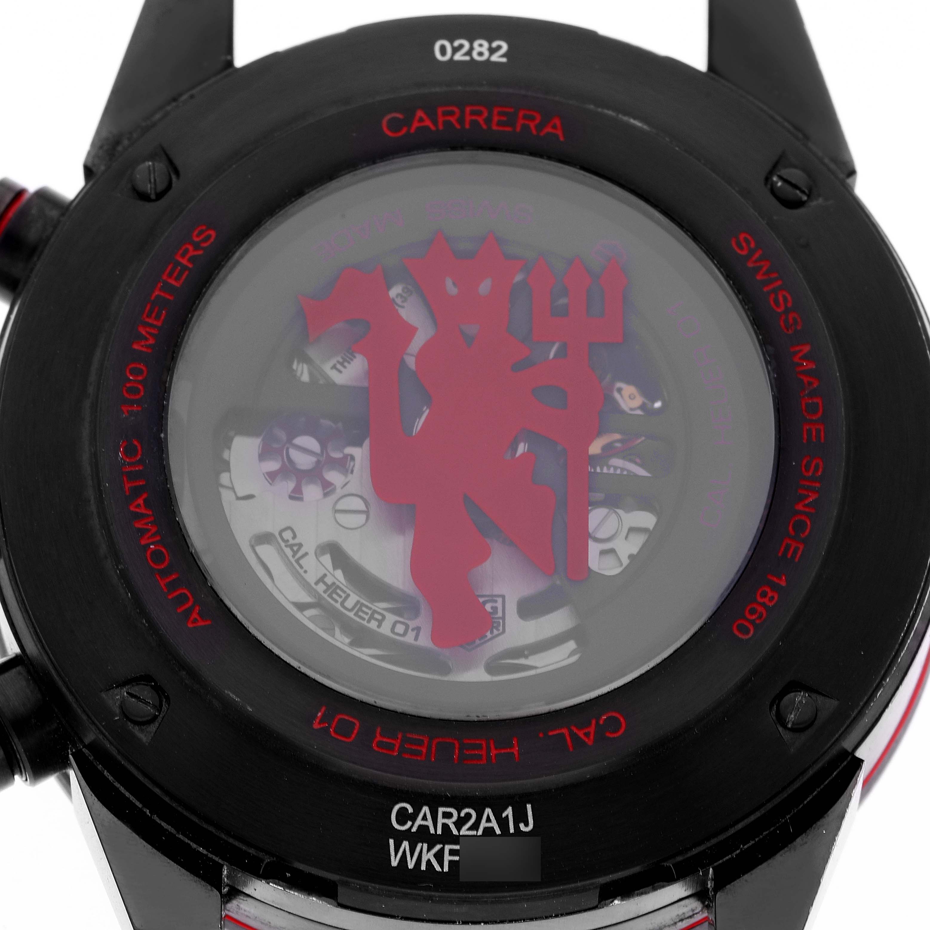 The image shows the back case of a Tag Heuer Carrera CAR2A1J.FC6400 Men's Stainless Steel Transparent Dial CAR2A1J.FC6400 Men's Stainless Steel Transparent Dial watch, displaying the model number and internal movement details.