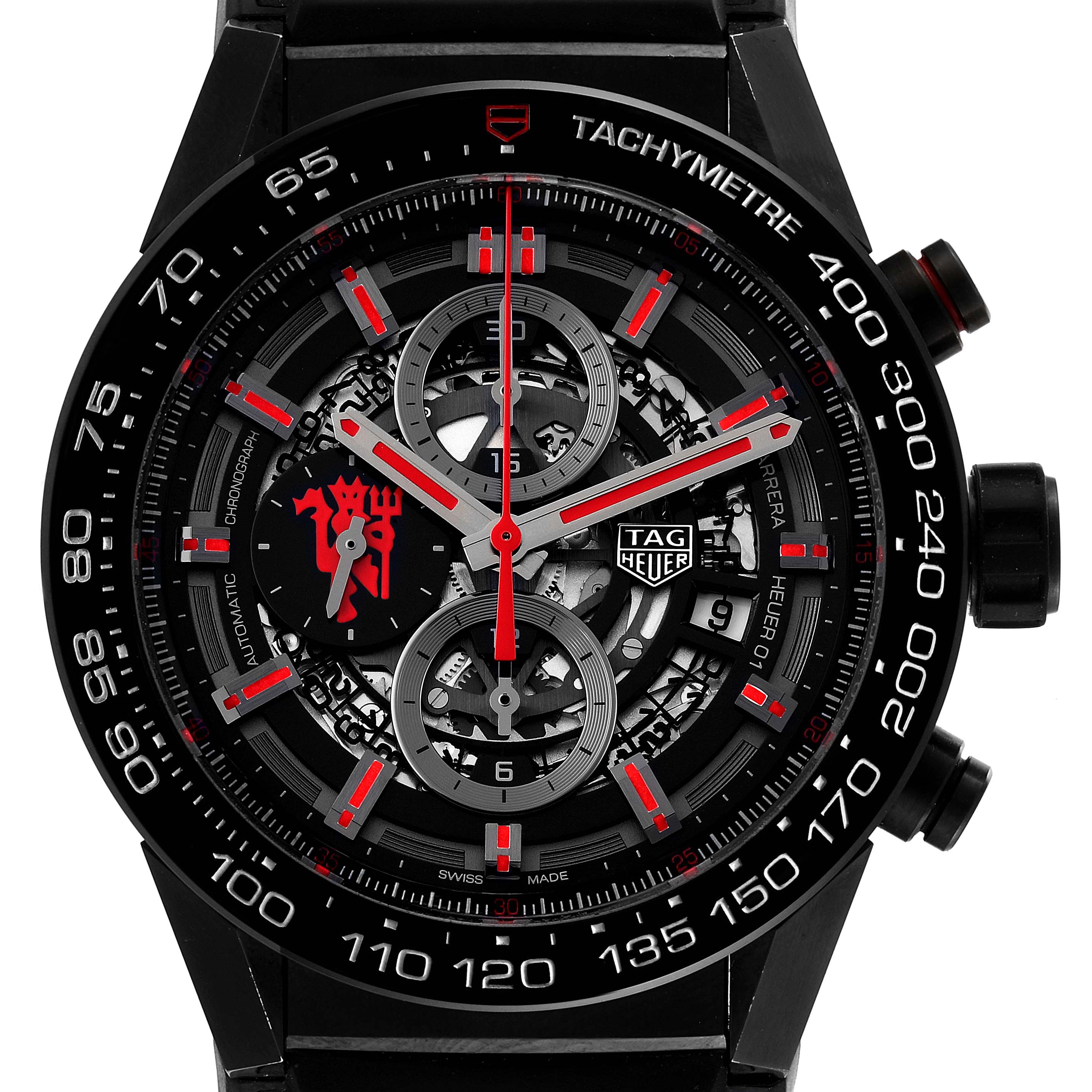 Tag Heuer Carrera Skeleton Dial Manchester United LE Black PVD Mens Watch CAR2A1J SwissWatchExpo