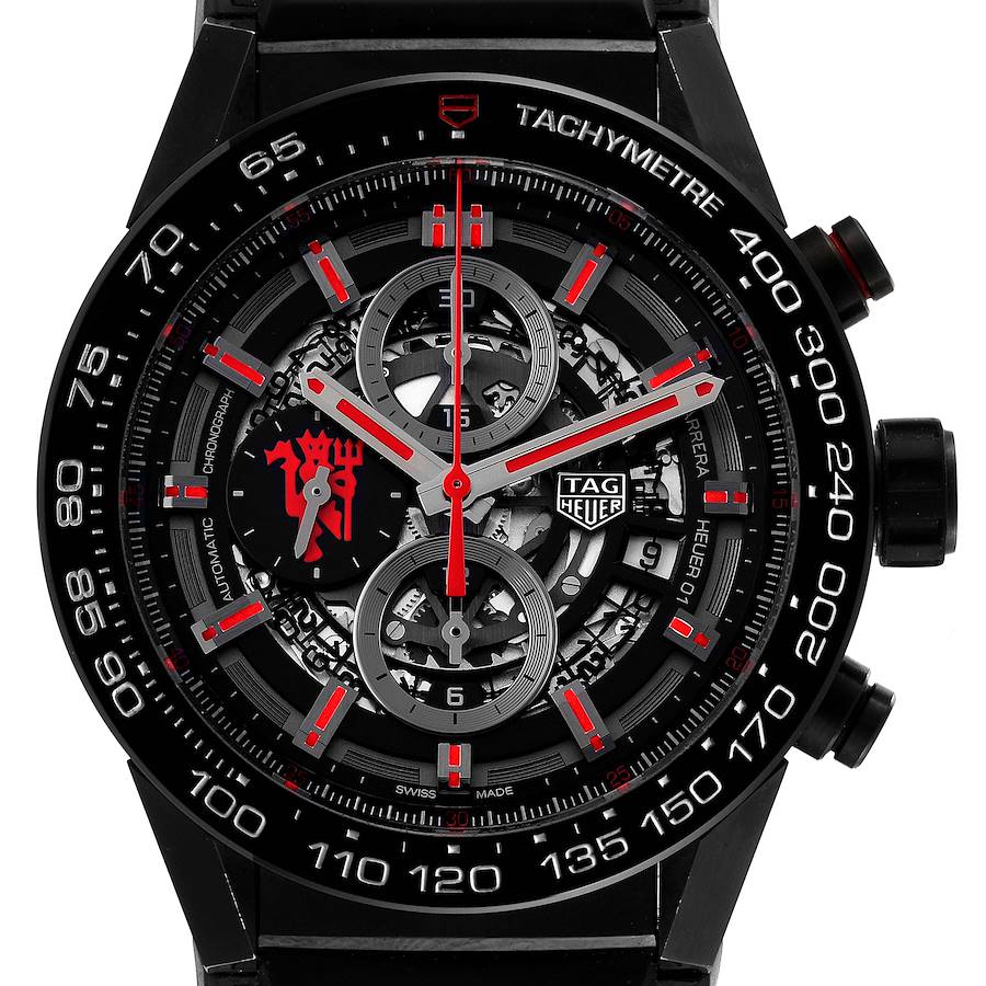 Tag Heuer Carrera Skeleton Dial Manchester United LE Black PVD Steel Mens Watch CAR2A1J SwissWatchExpo