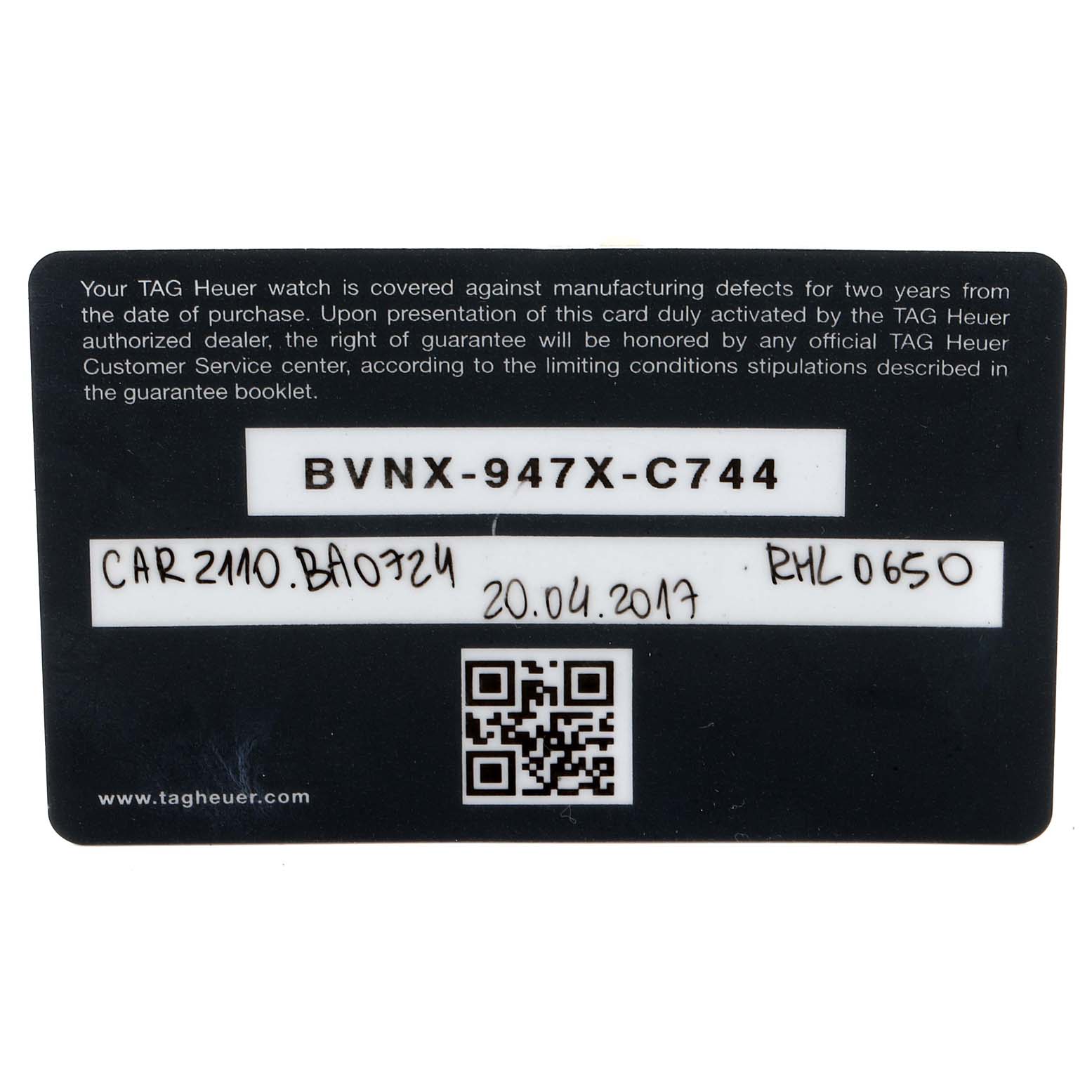 The image shows a warranty card for a Tag Heuer Carrera CAR2110.BA0720 Men's Stainless Steel Black Dial CAR2110.BA0720 Men's Stainless Steel Black Dial watch, displaying serial numbers and a QR code.