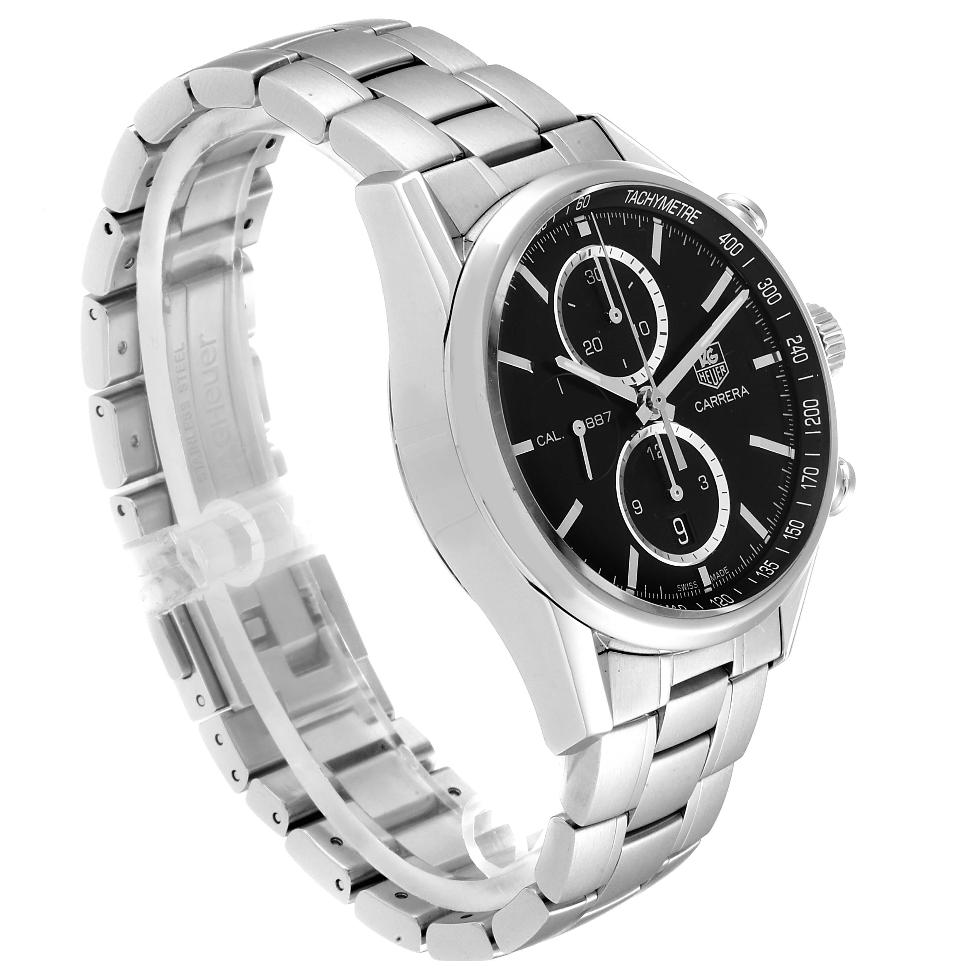 The image shows a side and front view of a Tag Heuer Carrera CAR2110.BA0720 Men's Stainless Steel Black Dial CAR2110.BA0720 Men's Stainless Steel Black Dial watch, highlighting the black dial, silver bezel, and metal bracelet.