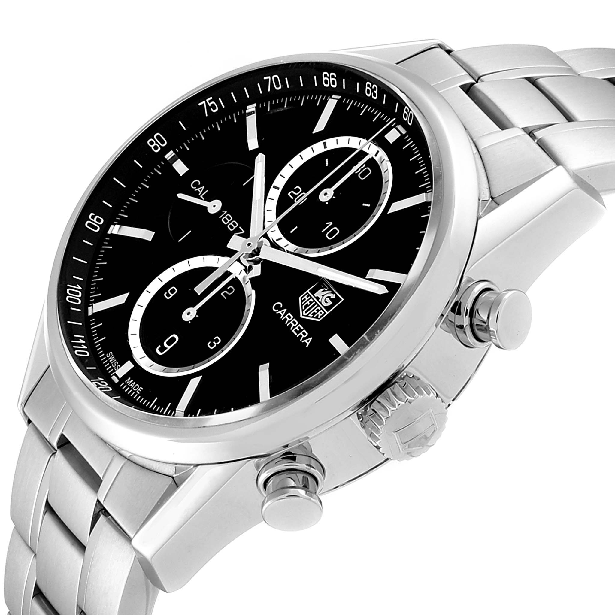 The image shows a close-up angled view of the Tag Heuer Carrera CAR2110.BA0720 Men's Stainless Steel Black Dial CAR2110.BA0720 Men's Stainless Steel Black Dial watch, highlighting the dial, crown, pushers, and part of the metal bracelet.