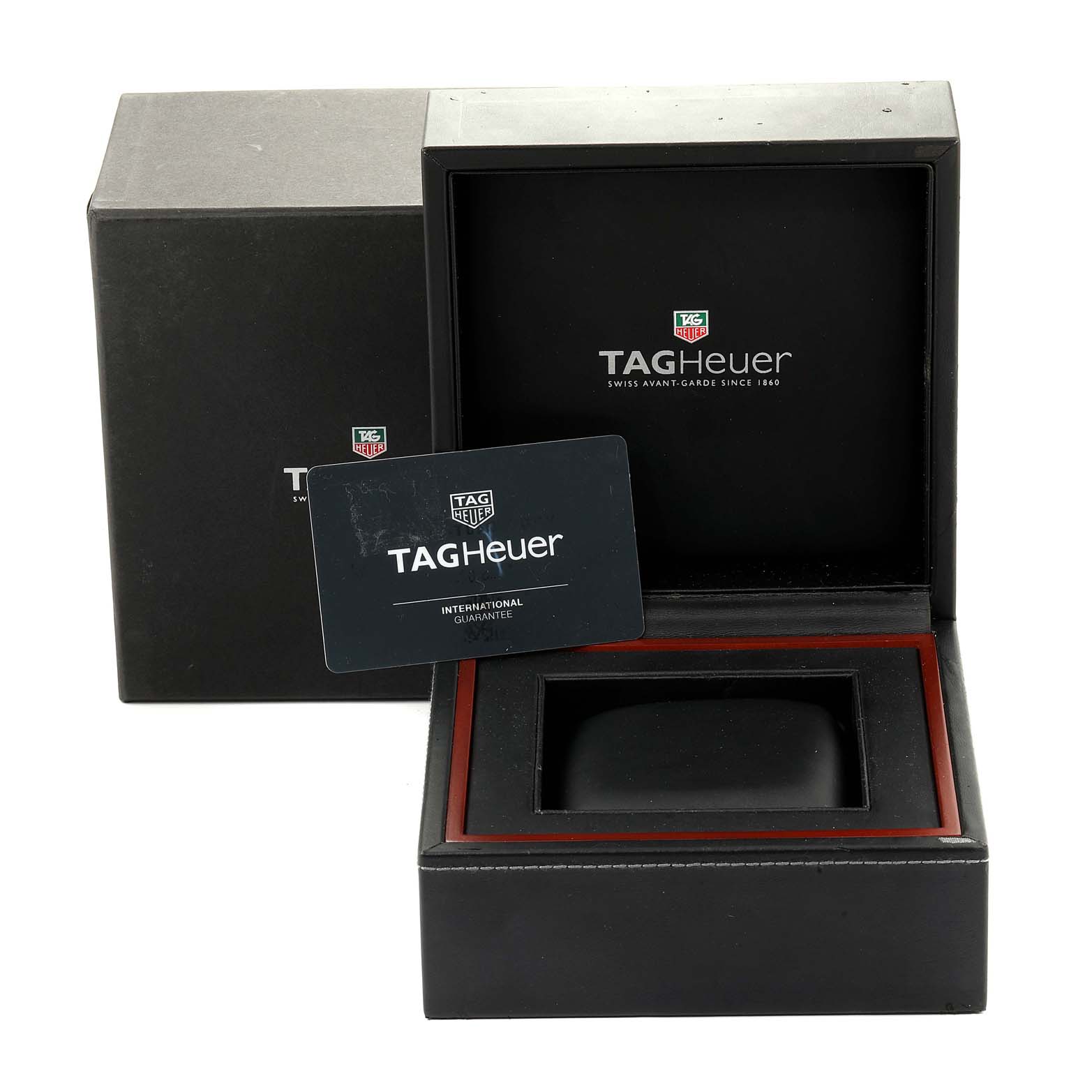 The image shows the open box and international guarantee card for a Tag Heuer Carrera CAR2110.BA0720 Men's Stainless Steel Black Dial CAR2110.BA0720 Men's Stainless Steel Black Dial watch.