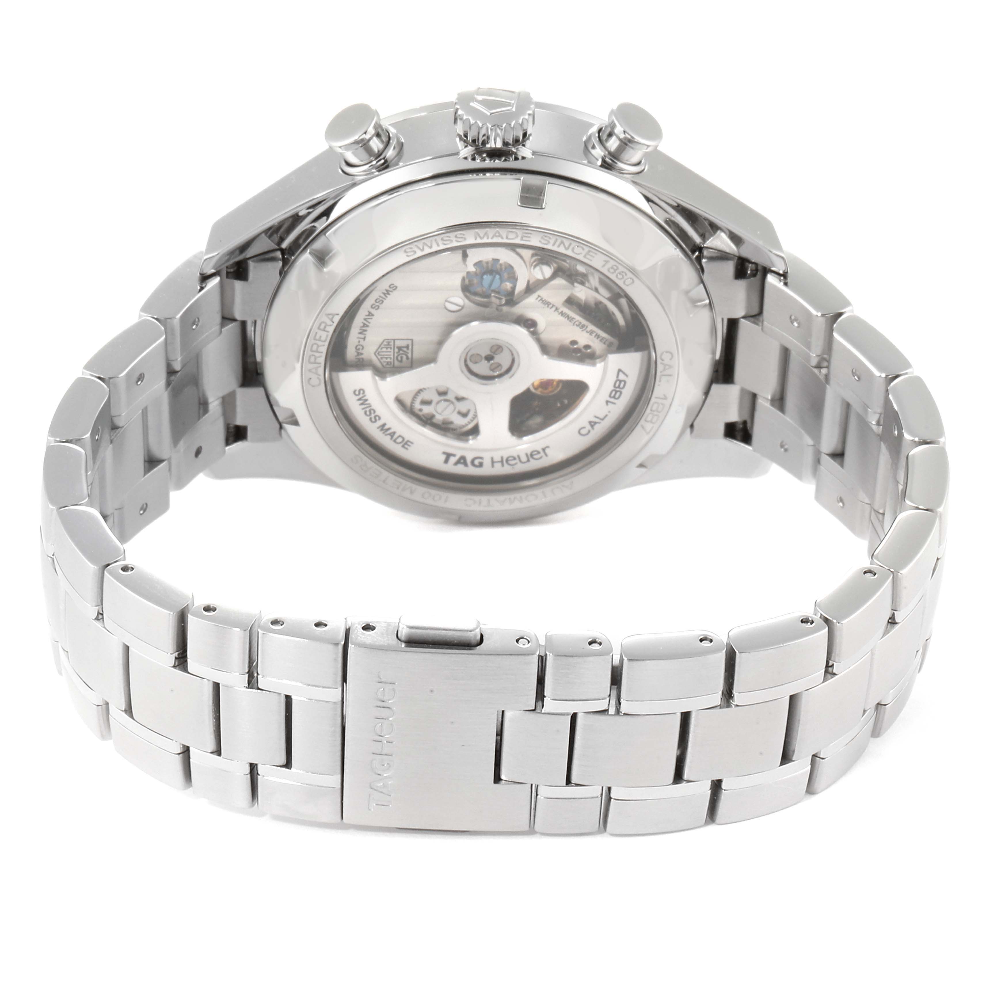 The image shows the back and bracelet of a Tag Heuer Carrera CAR2110.BA0720 Men's Stainless Steel Black Dial CAR2110.BA0720 Men's Stainless Steel Black Dial watch, highlighting the automatic movement and engraving.